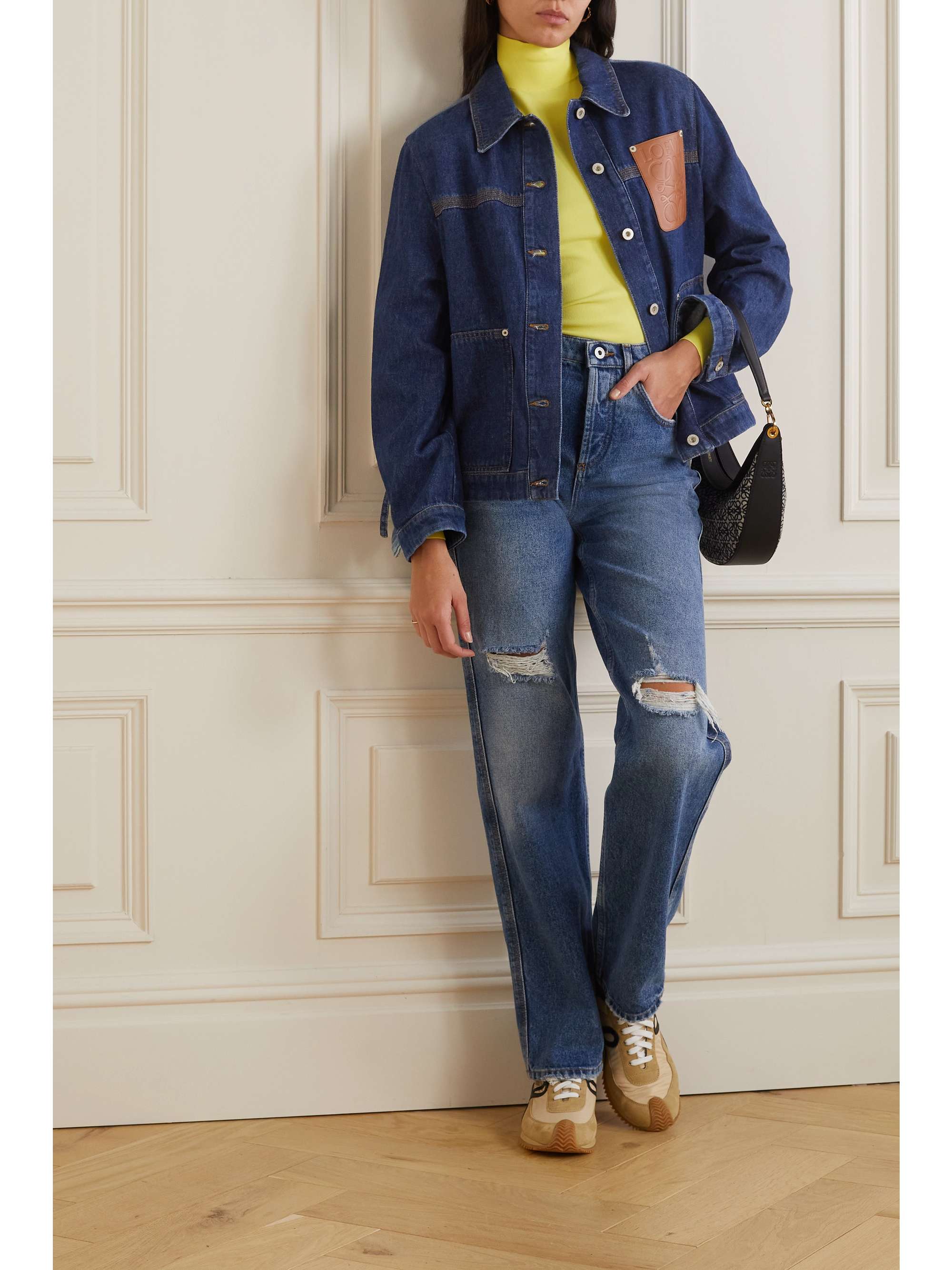 Leather-trimmed two-tone denim jacket