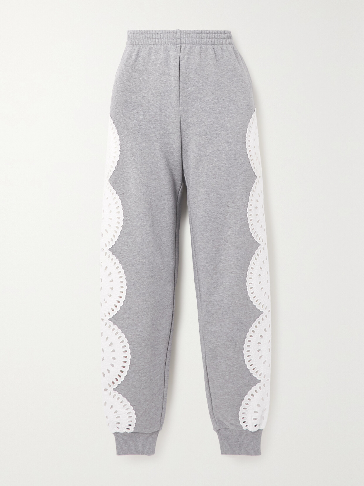 Stella McCartney - Broderie Anglaise-trimmed Cotton-jersey Tapered Track Pants - Gray