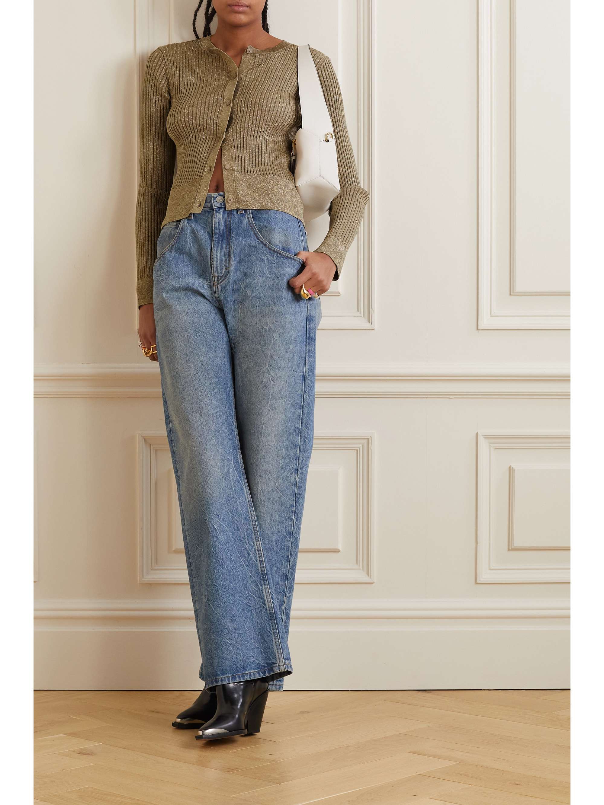 Metallic ribbed-knit cardigan