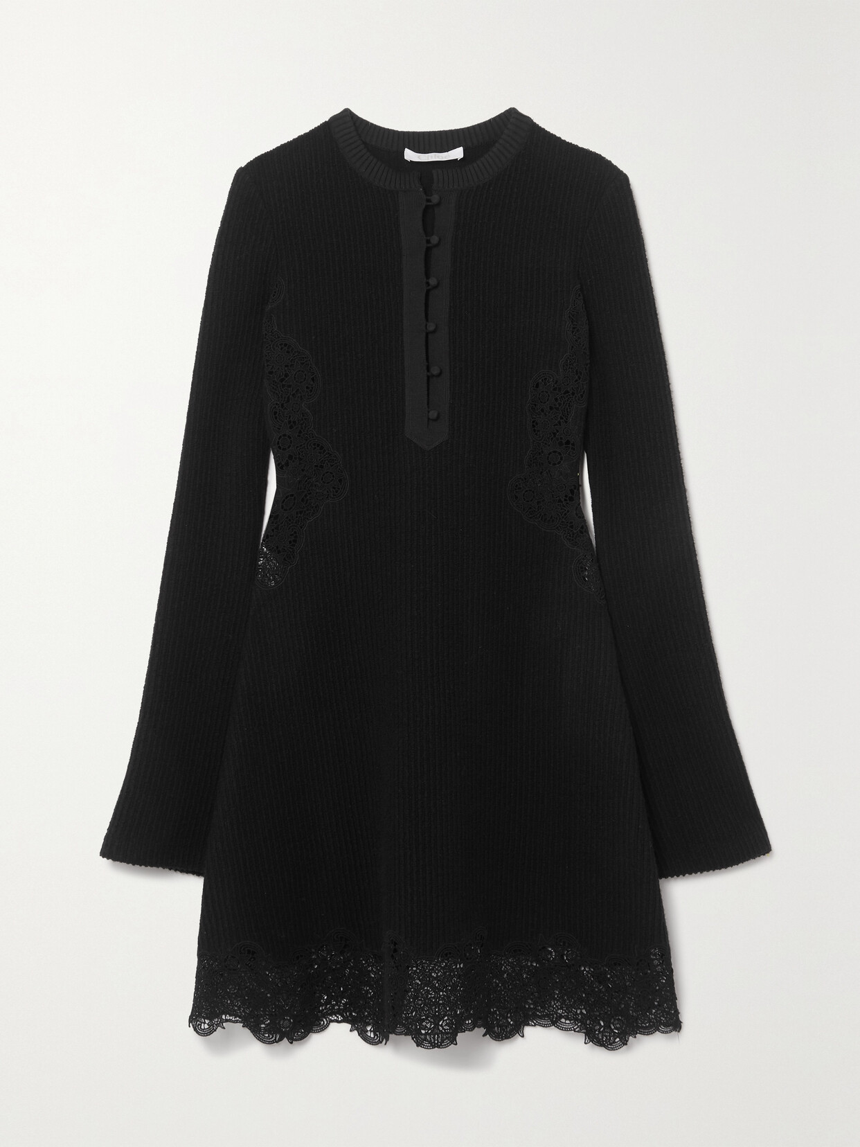 Chloé Lace-trimmed Ribbed Wool Mini Dress In Black