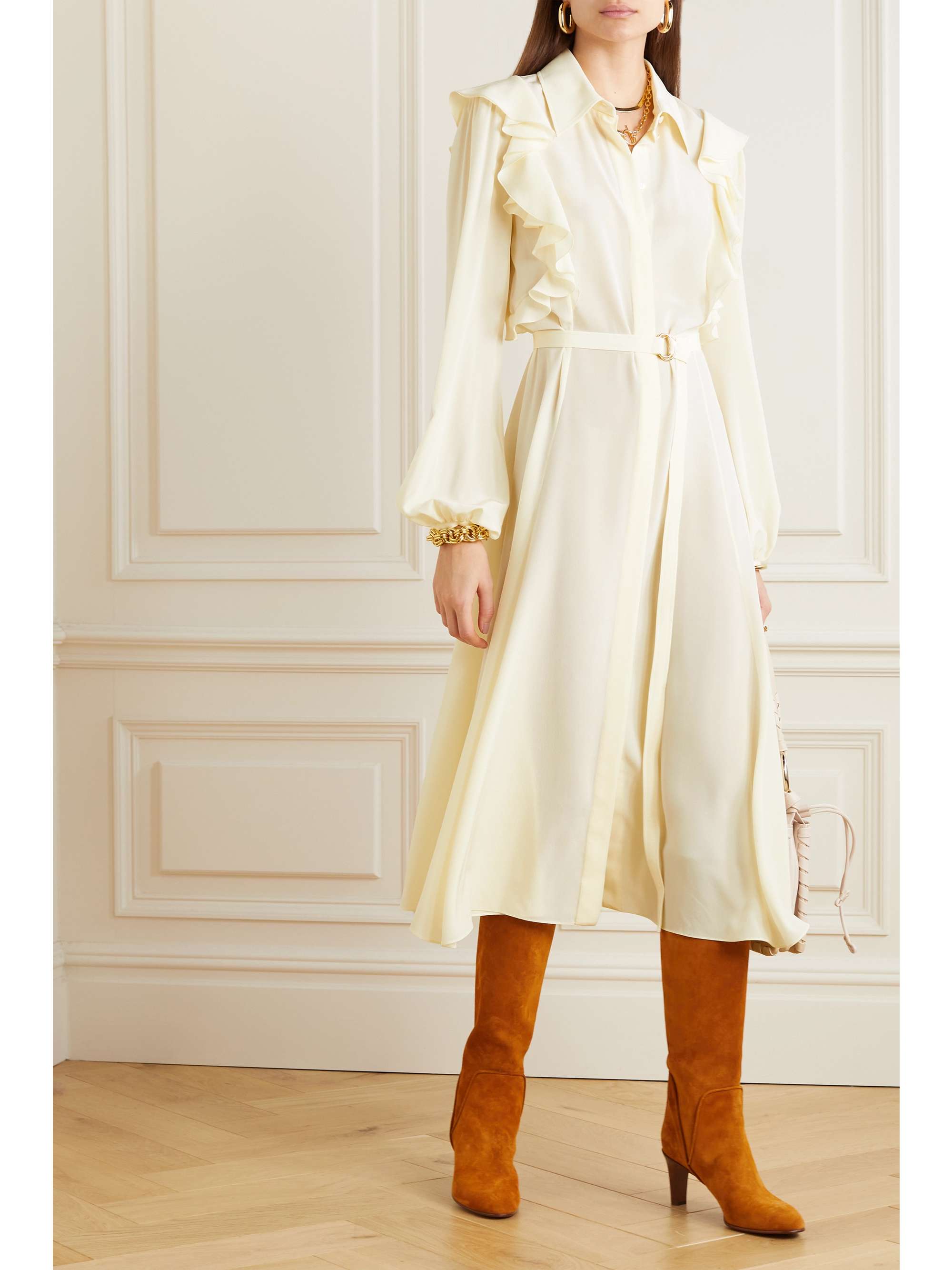 CHLOÉ Belted ruffled silk crepe de chine shirt dress