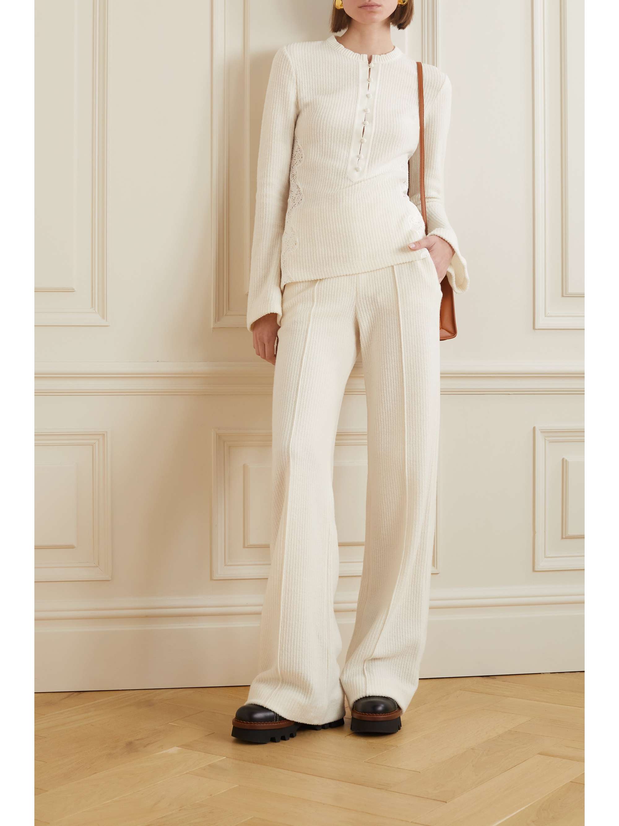 CHLOÉ Guipure lace-paneled ribbed wool sweater