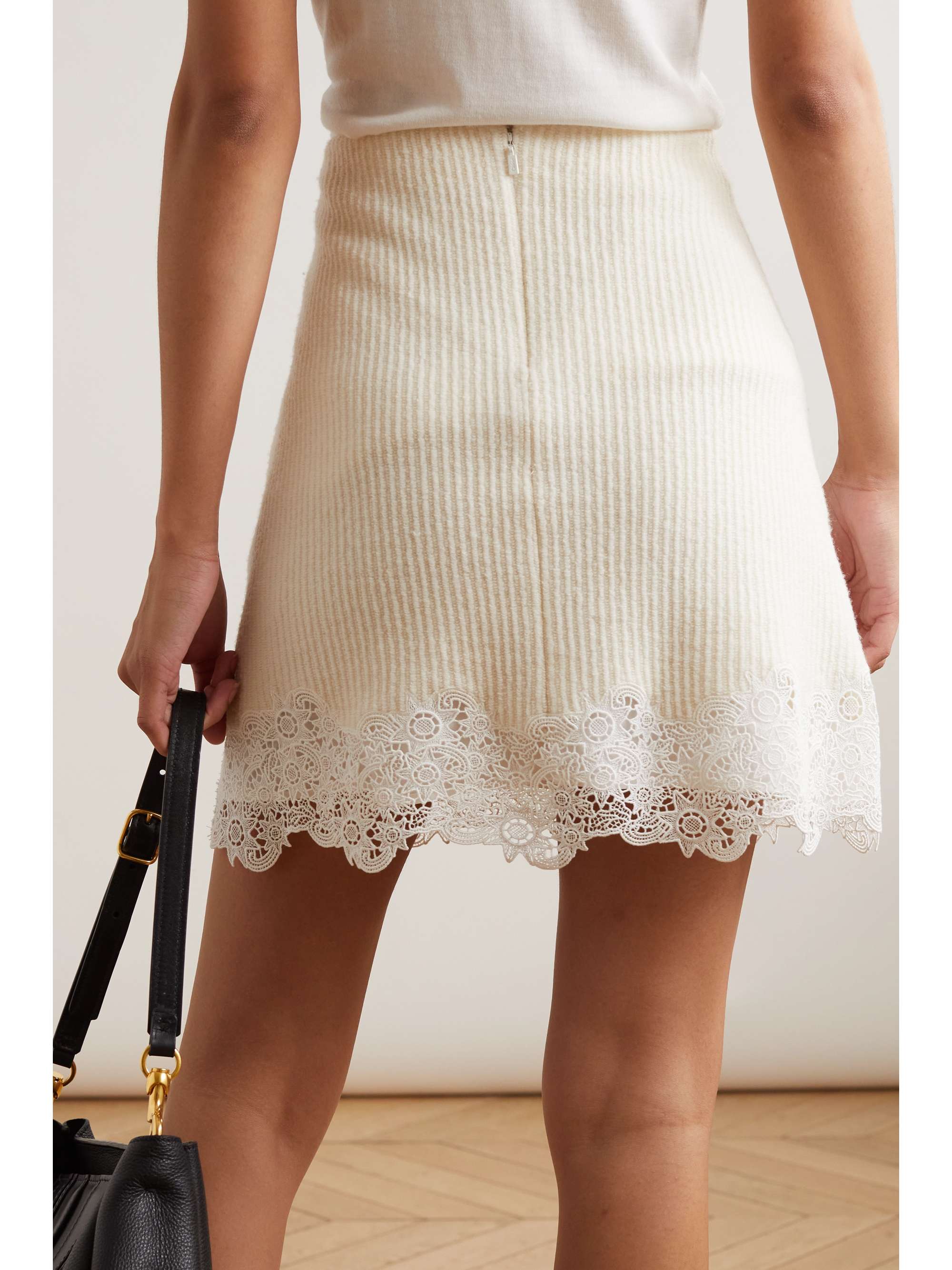 CHLOÉ Guipure lace-paneled ribbed wool mini skirt