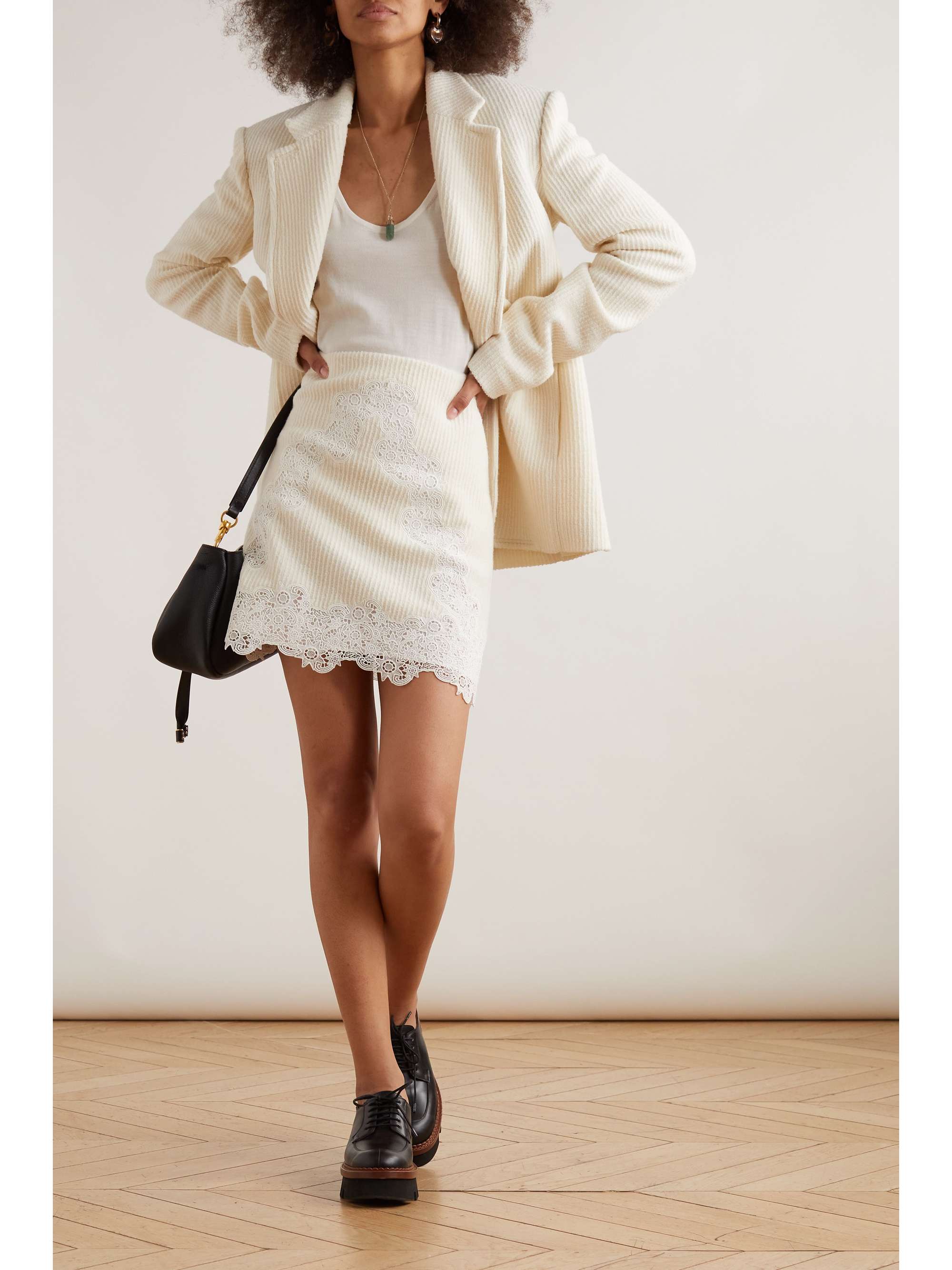 CHLOÉ Guipure lace-paneled ribbed wool mini skirt