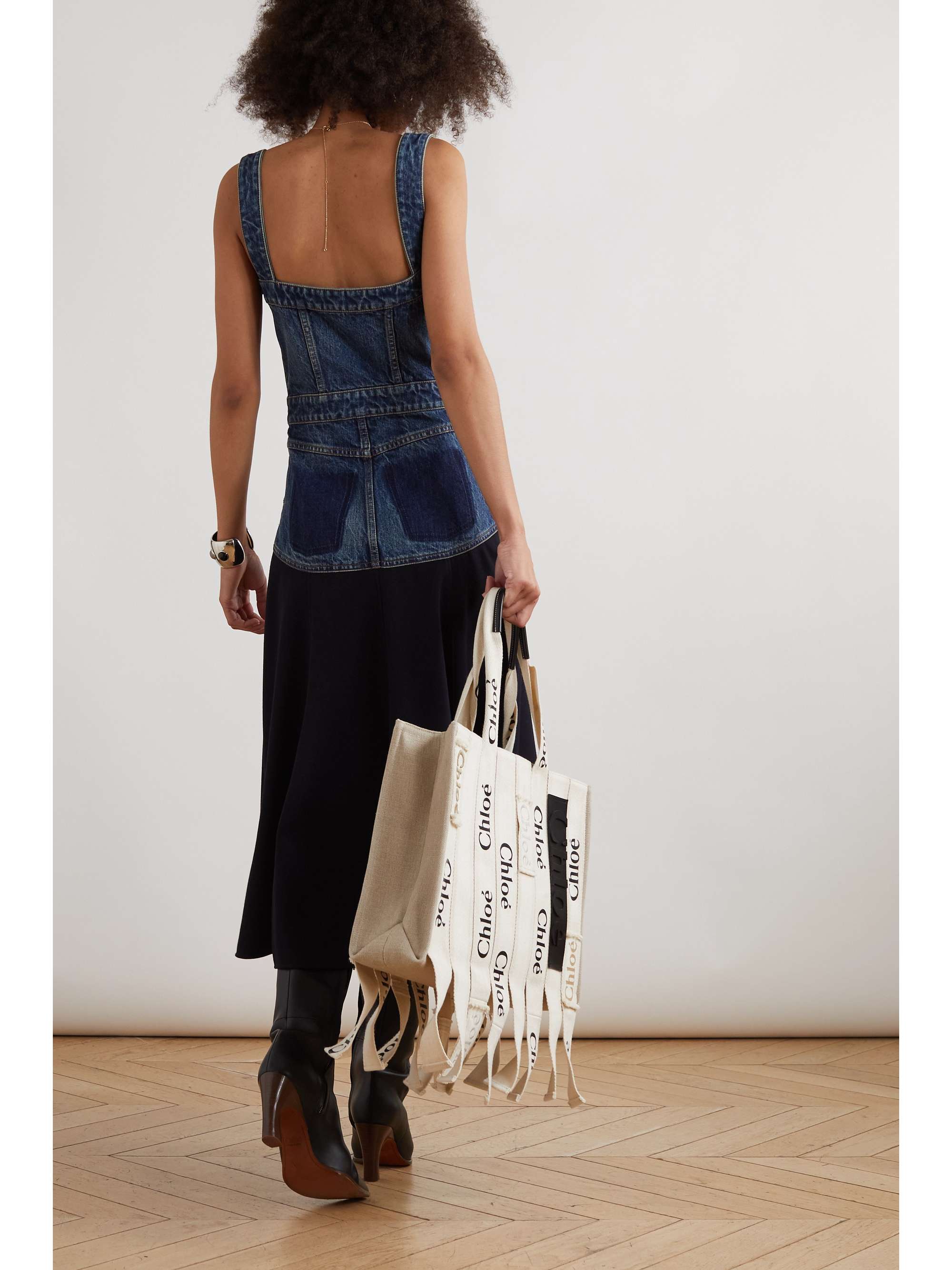 CHLOÉ Paneled denim and wool midi dress