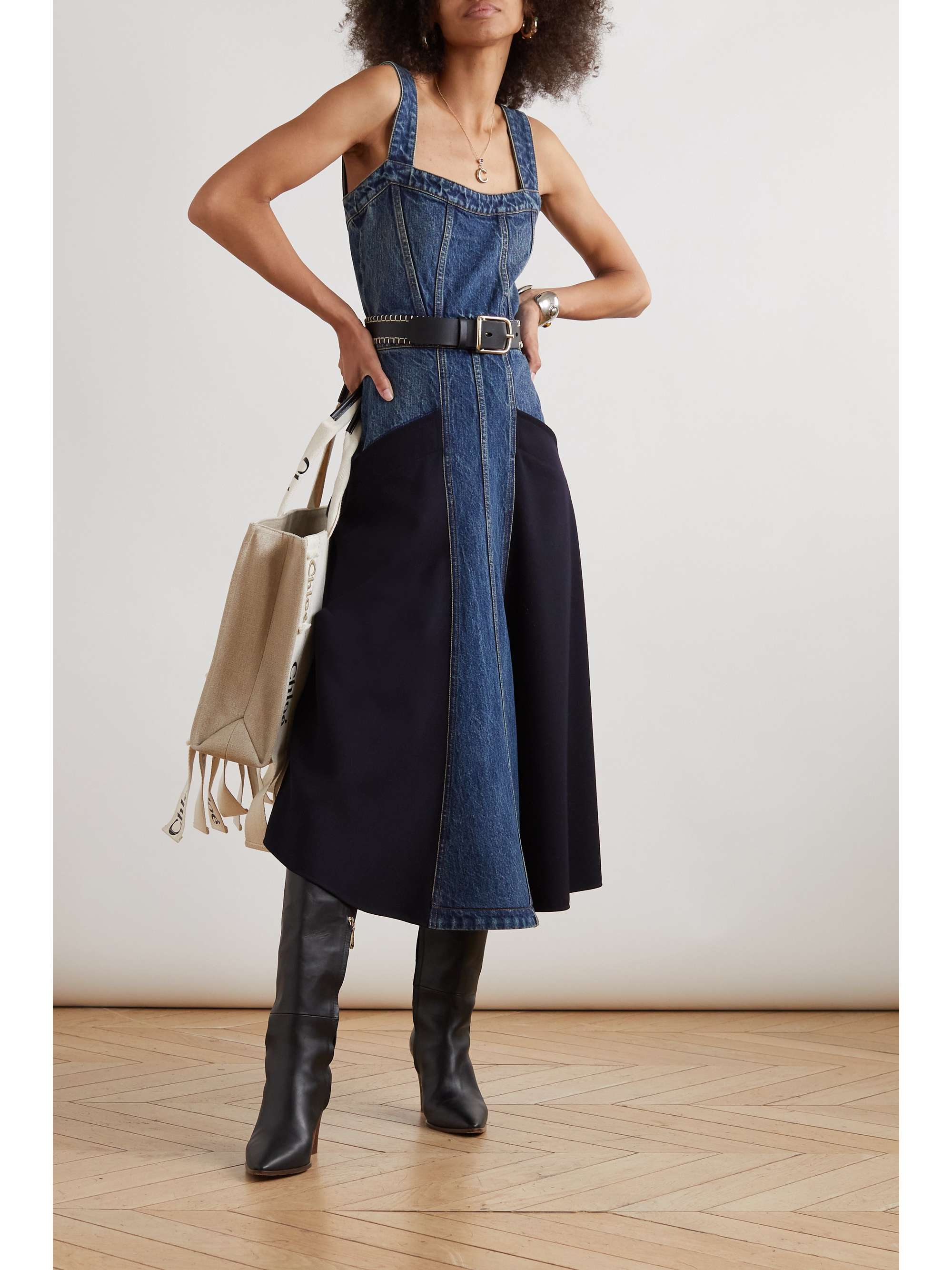 CHLOÉ Paneled denim and wool midi dress
