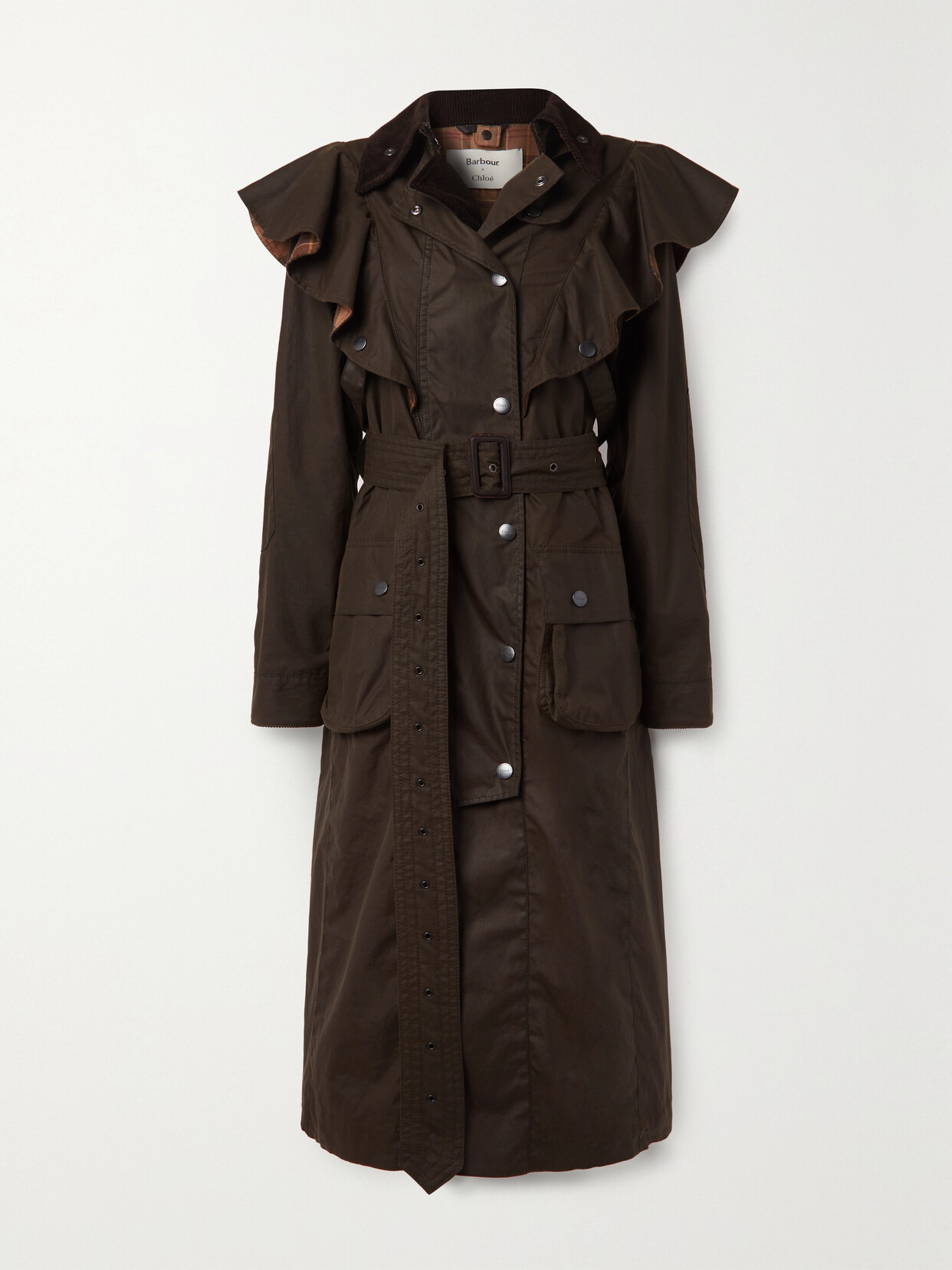 CHLOÉ + BARBOUR RUFFLED BELTED COATED-COTTON TRENCH COAT