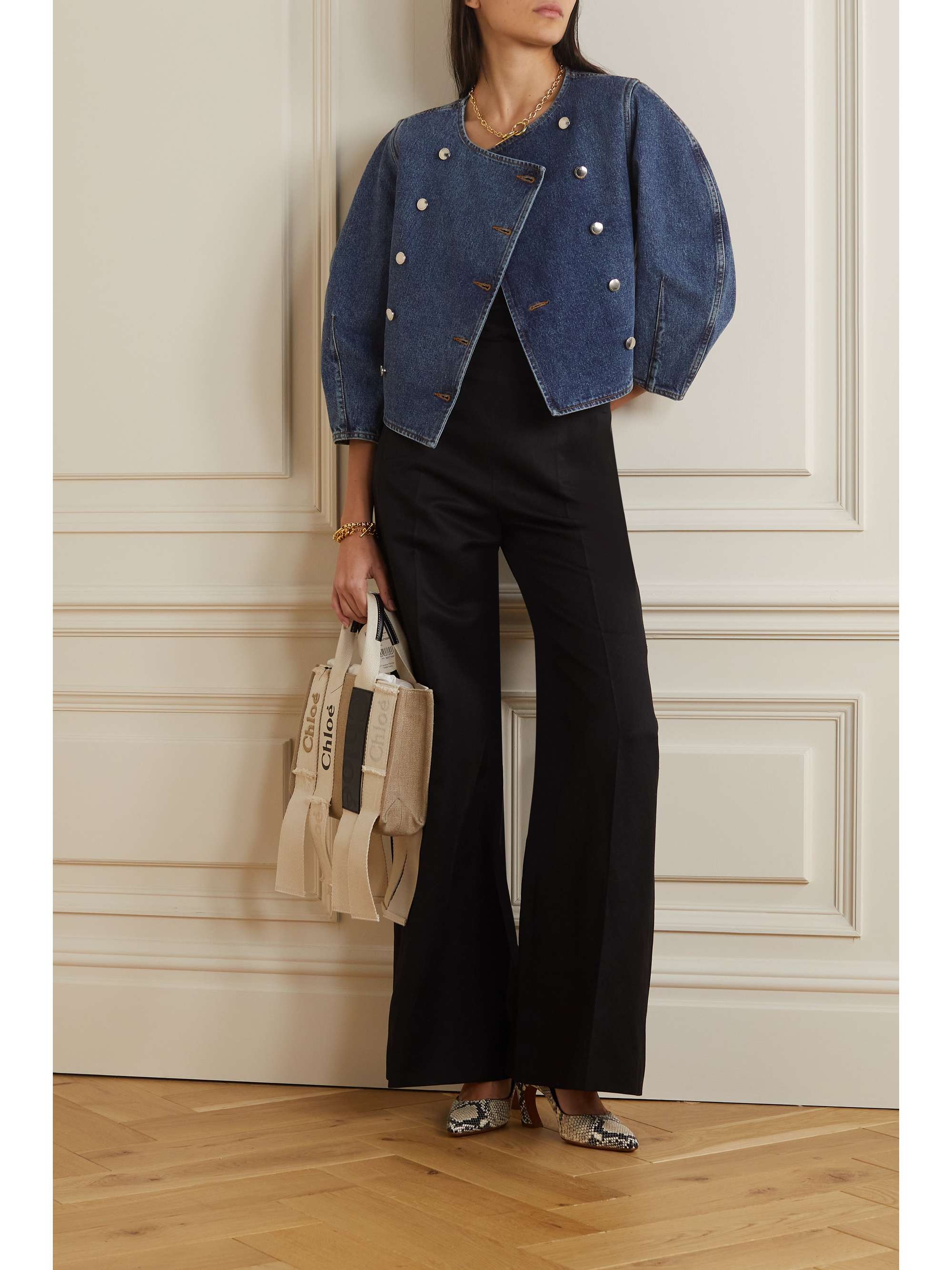 CHLOÉ + NET SUSTAIN リサイクルコットン＆ヘンプ混 ダブルブレスト デニムジャケット