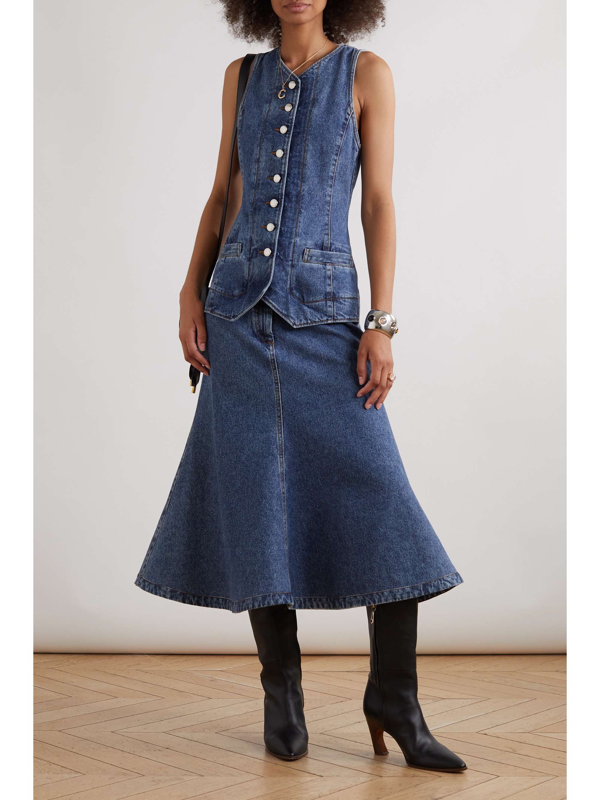 CHLOÉ + NET SUSTAIN flared recycled-denim midi dress