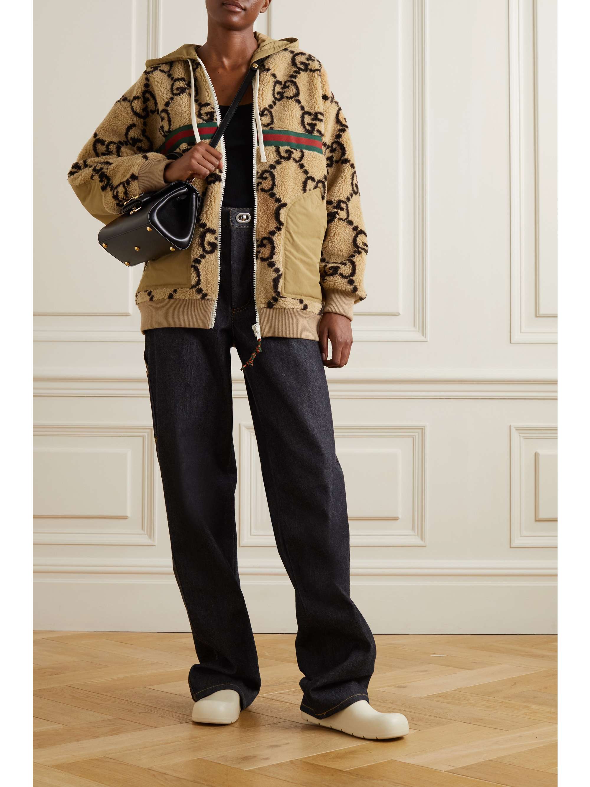 GUCCI Printed wool-blend fleece and jersey hoodie