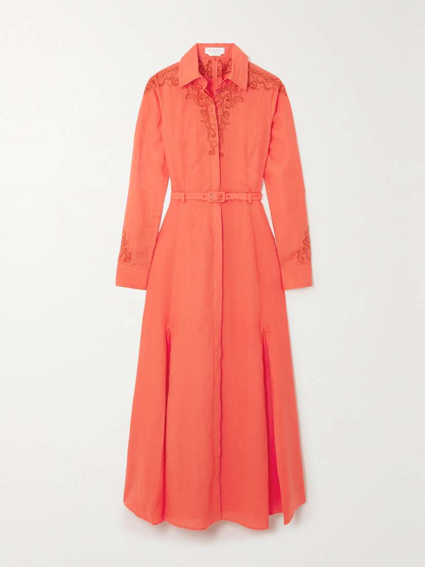 Gabriela Hearst Mcgraw Belted Embroidered Linen Midi Shirt Dress
