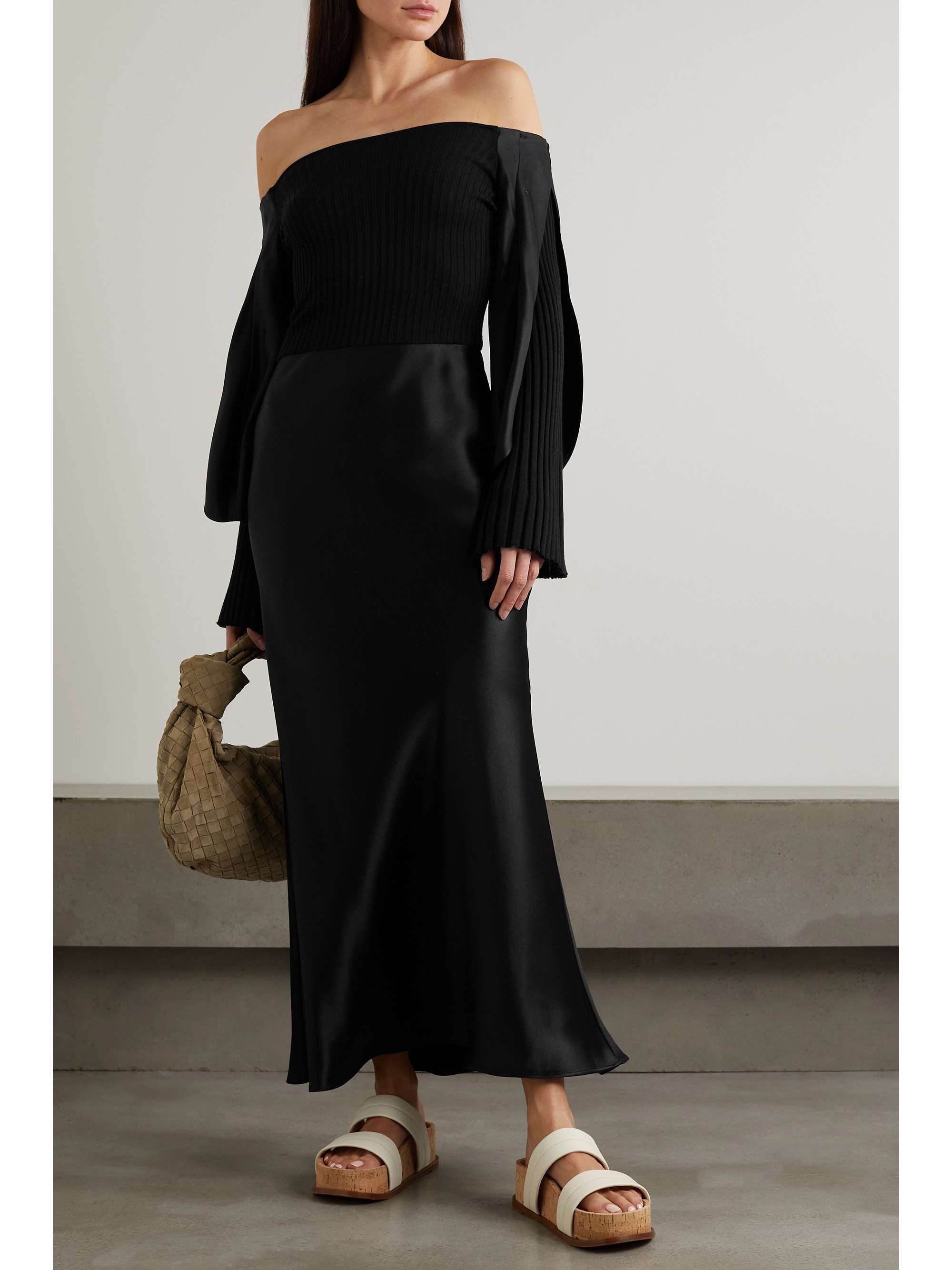 GABRIELA HEARST Gilman off-the-shoulder ribbed cashmere and silk-twill midi dress