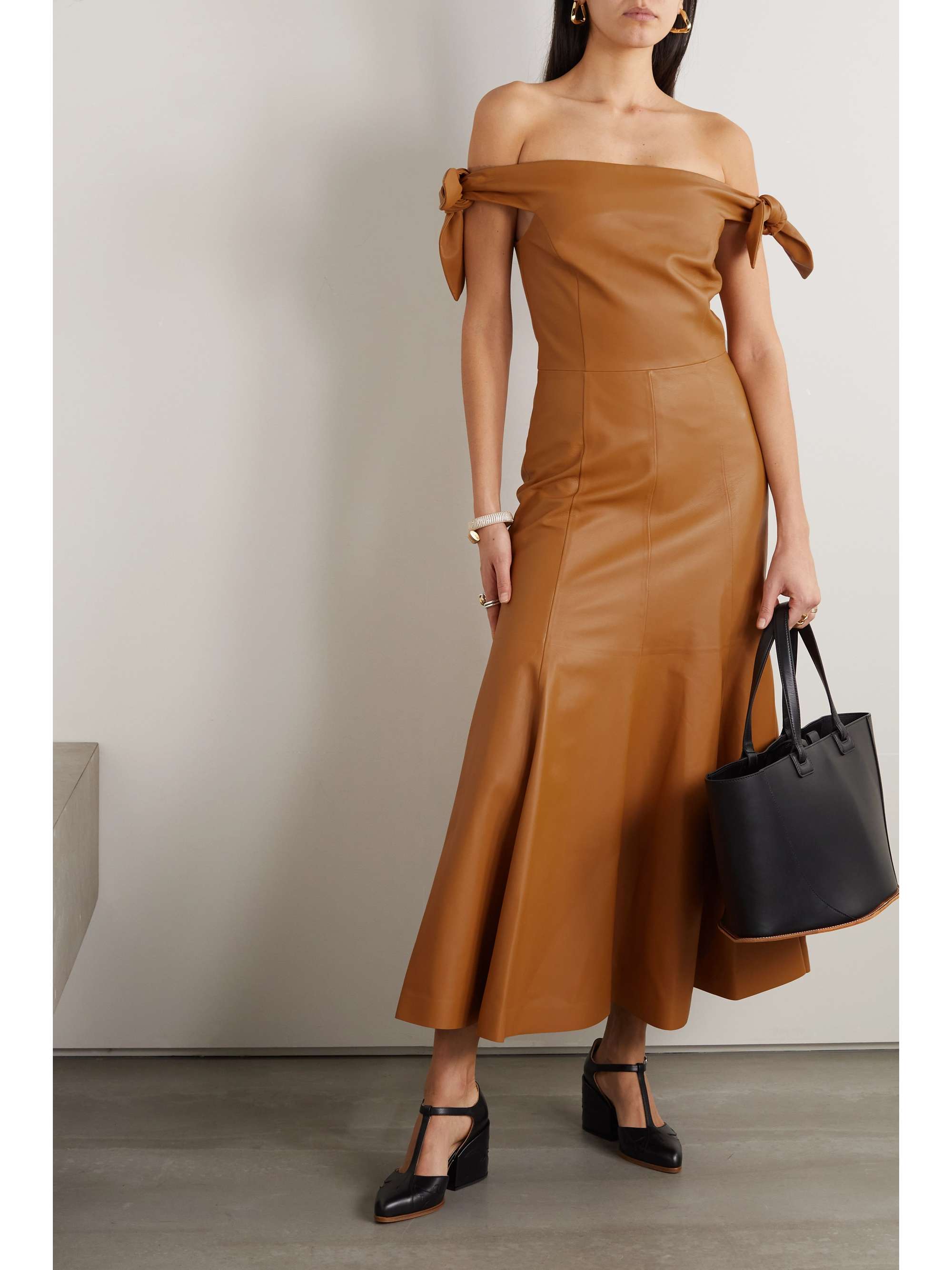 GABRIELA HEARST Eda off-the-shoulder knotted leather midi dress
