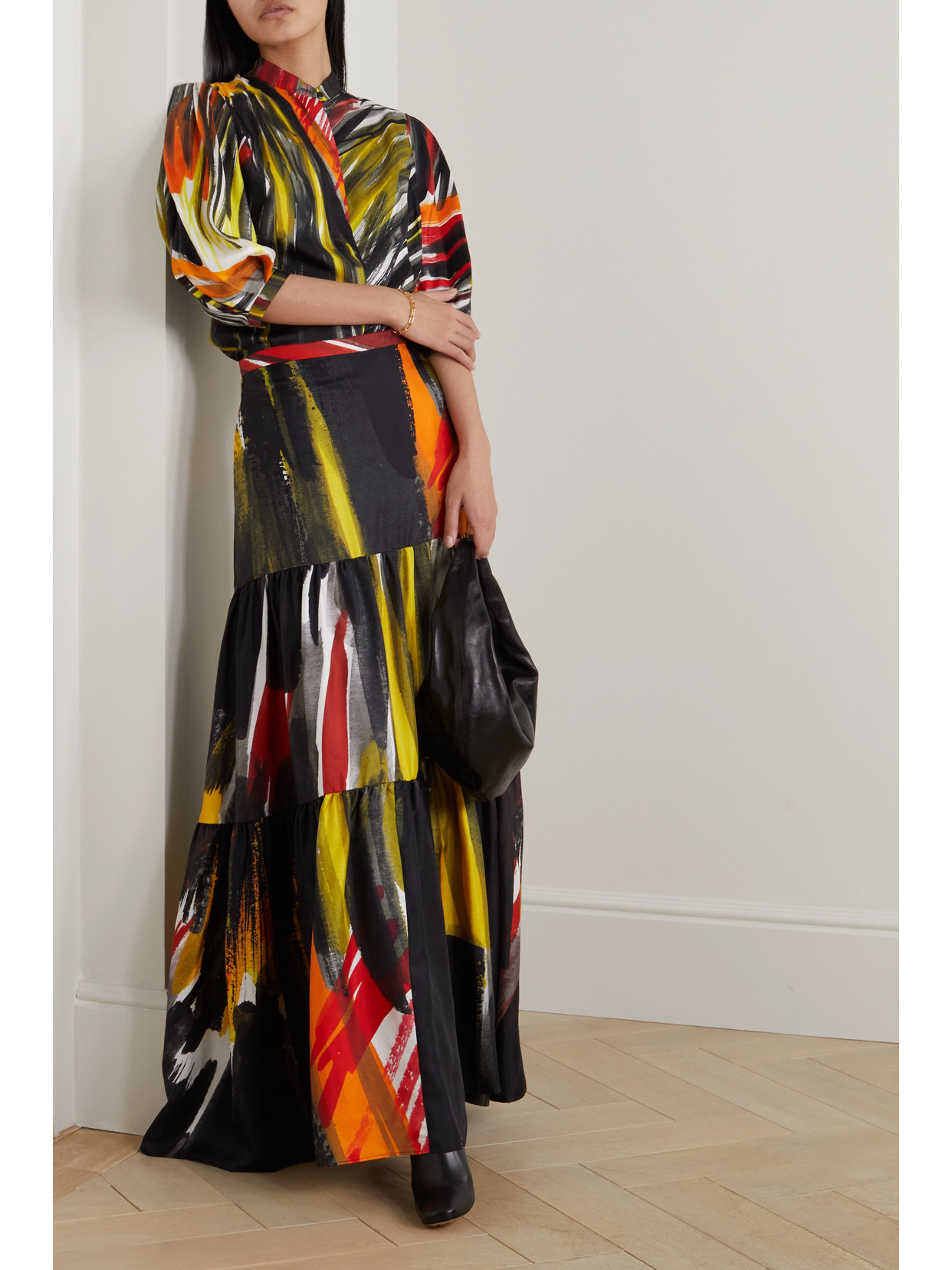 Shop Gabriela Hearst Morse Printed Tiered Silk-twill Maxi Skirt In Black