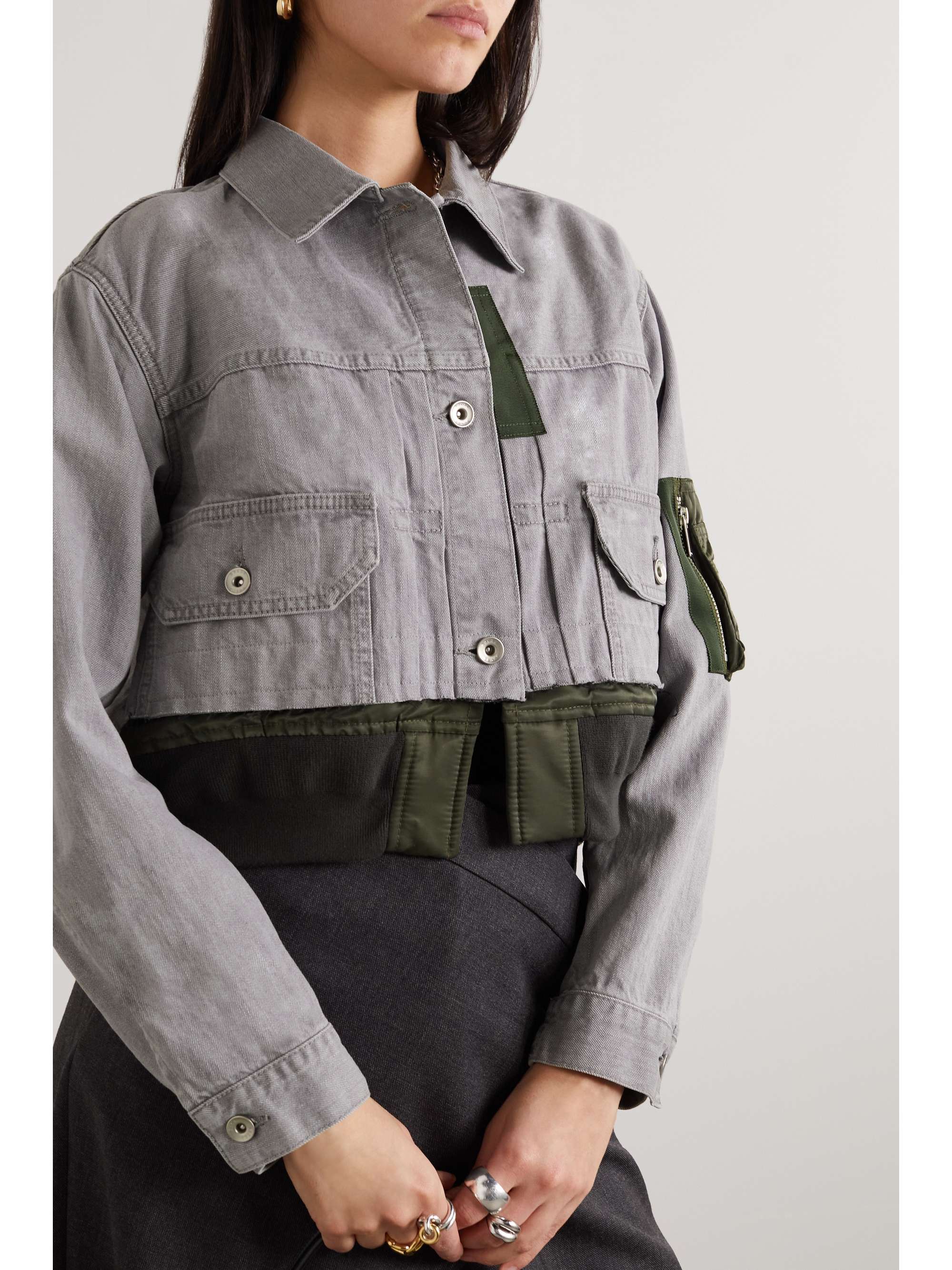 SACAI Cropped shell-trimmed denim bomber jacket