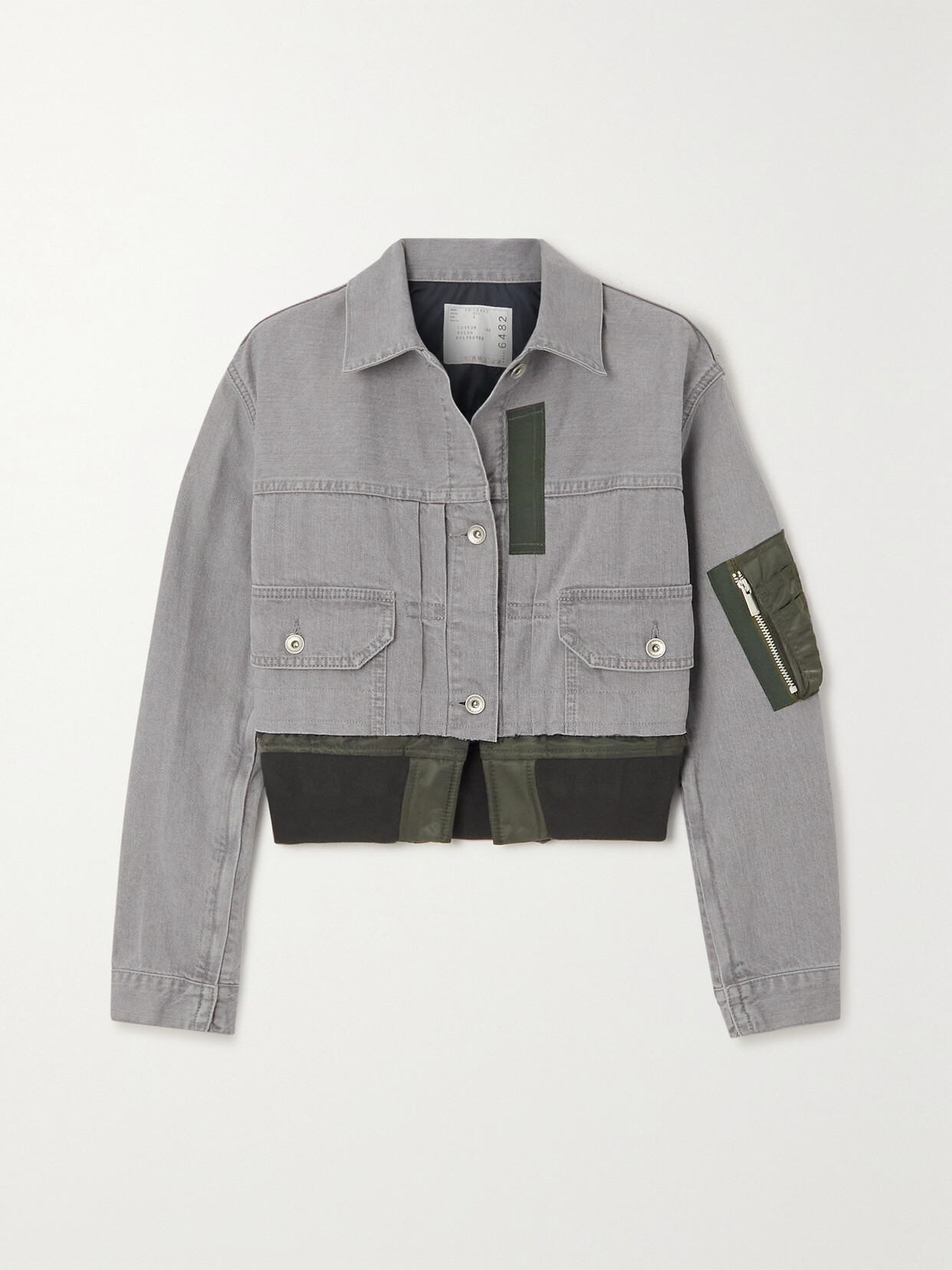 Sacai Cropped Shell-trimmed Denim Bomber Jacket In Grey