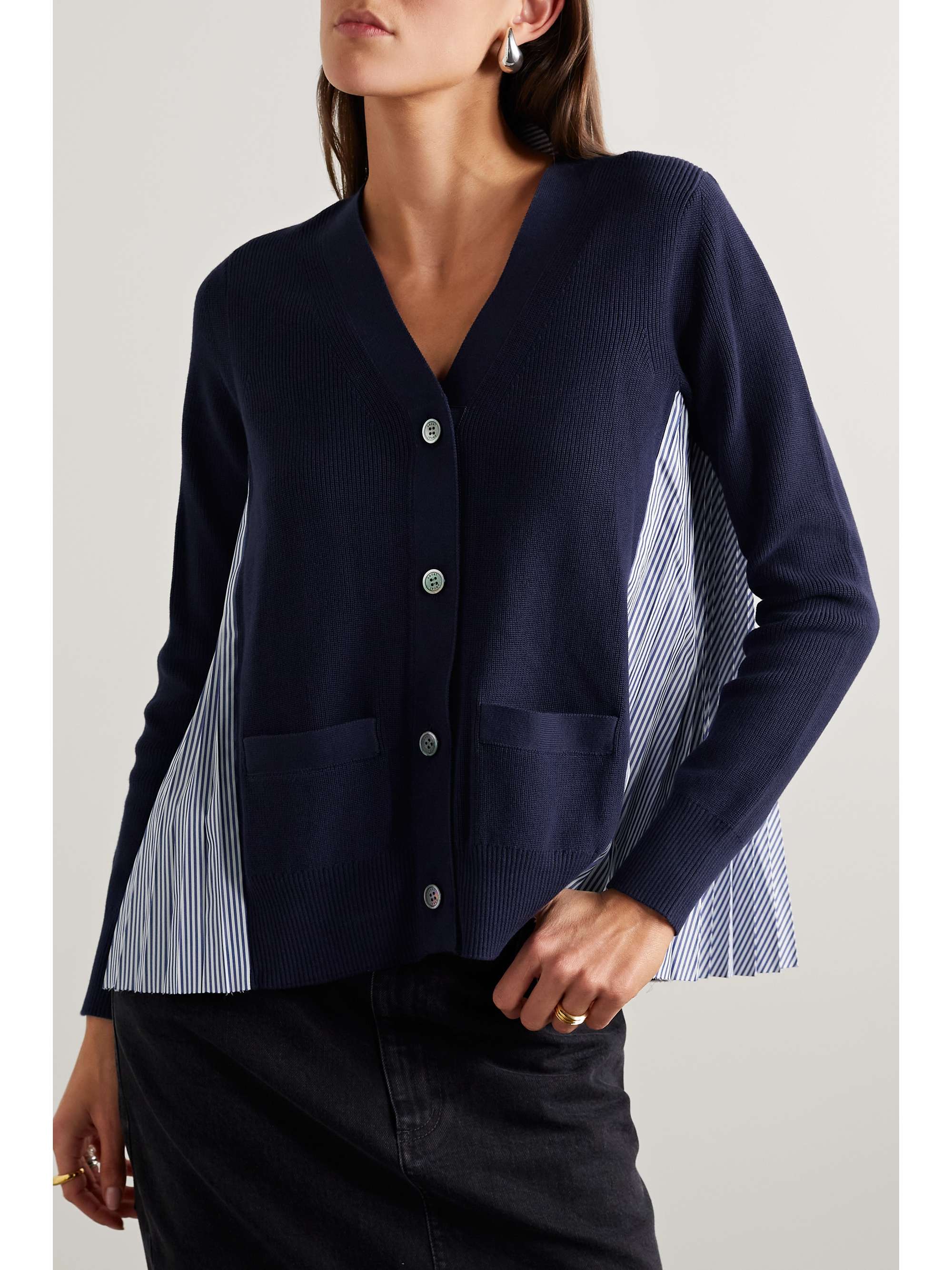 SACAI Cotton and pleated striped poplin cardigan | NET-A-PORTER