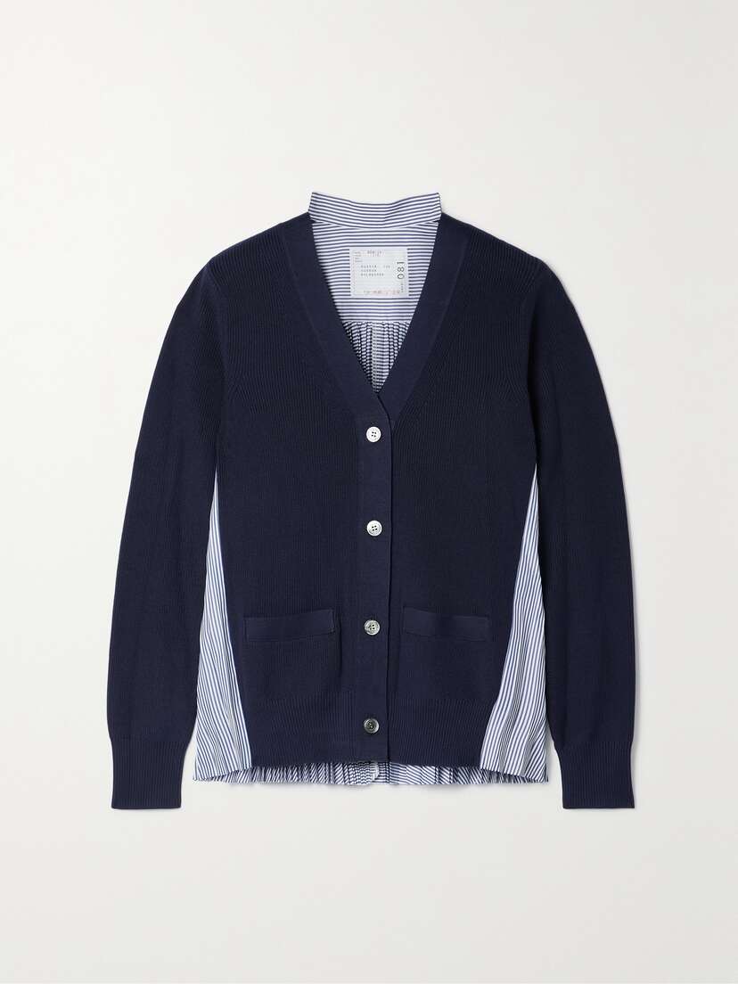 Sacai Cotton And Pleated Striped Poplin Cardigan
