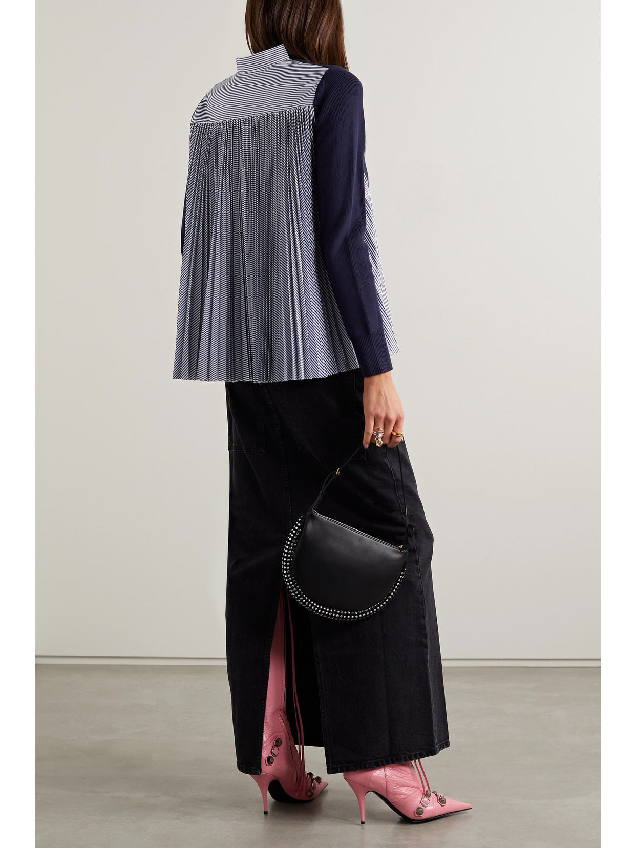 Sacai Cotton And Pleated Striped Poplin Cardigan In Blue