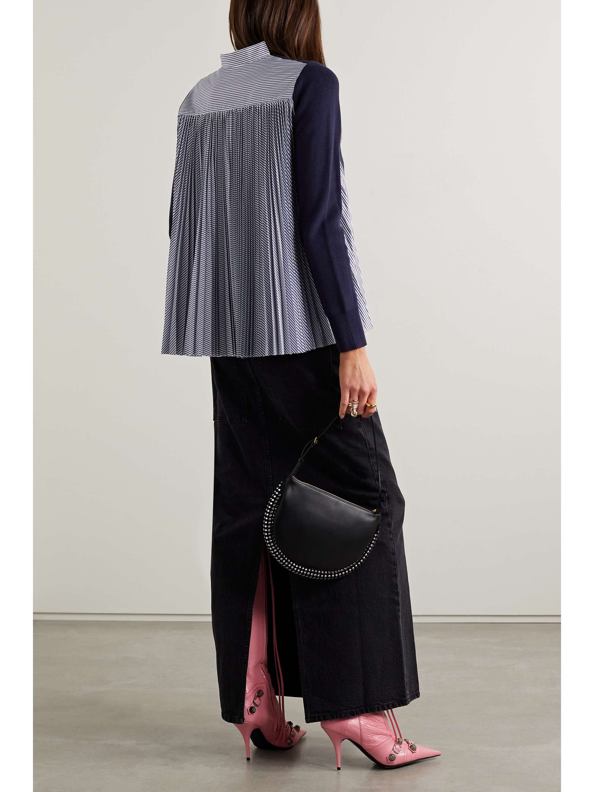 SACAI 纯棉褶裥条纹府绸开襟衫