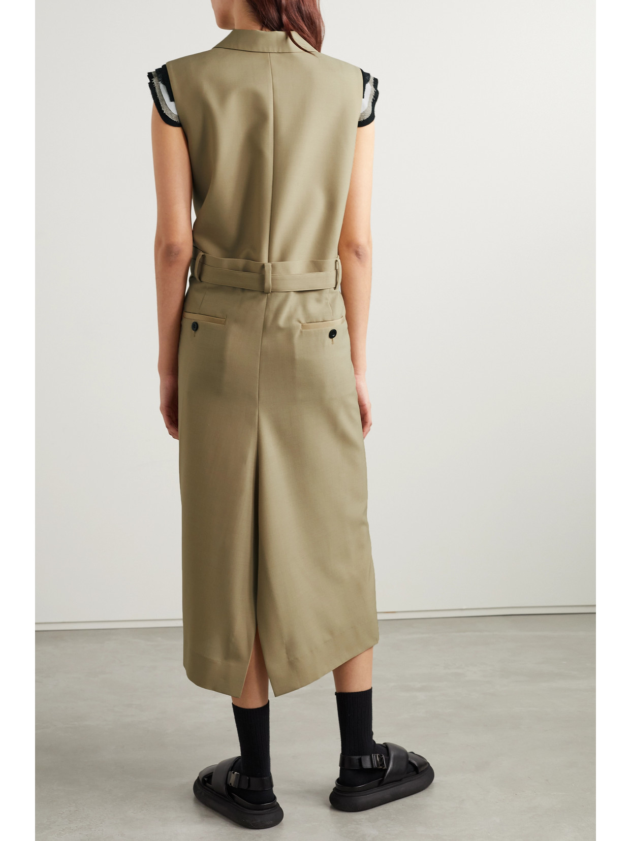 Belted Double Breasted Sleeveless Long Vest In Beige