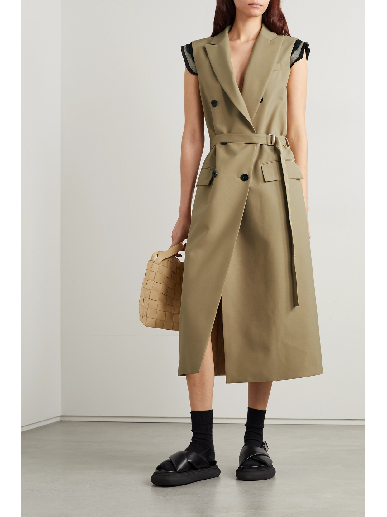 Belted Double Breasted Sleeveless Long Vest In Beige