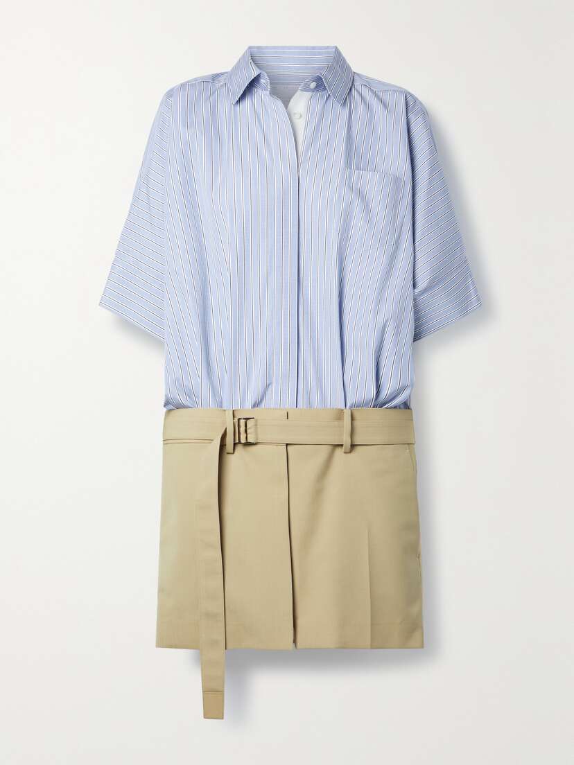 Sacai + Thomas Mason Belted Striped Poplin And Twill Mini Dress