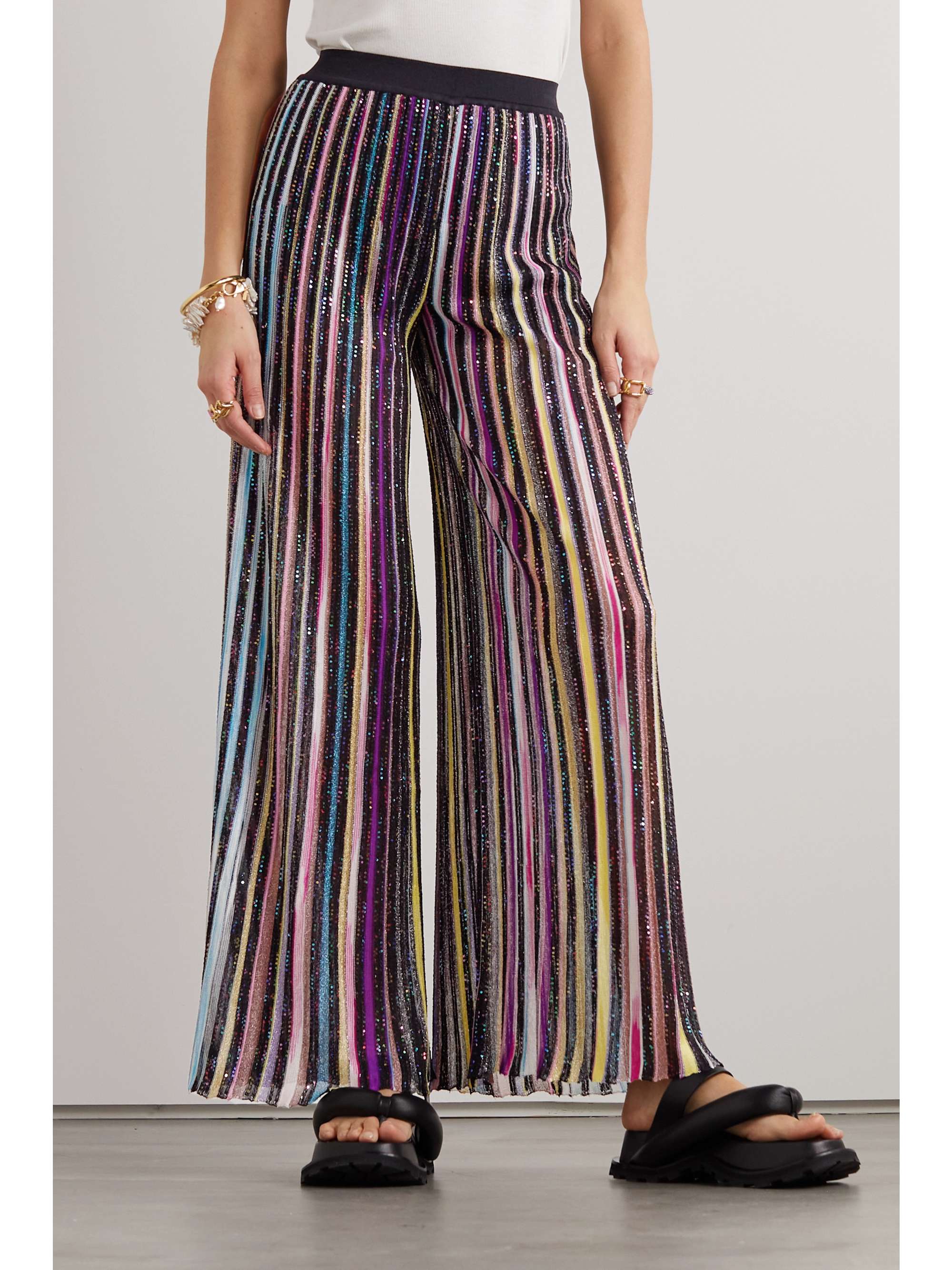 MISSONI Sequined striped crochet-knit wide-leg pants