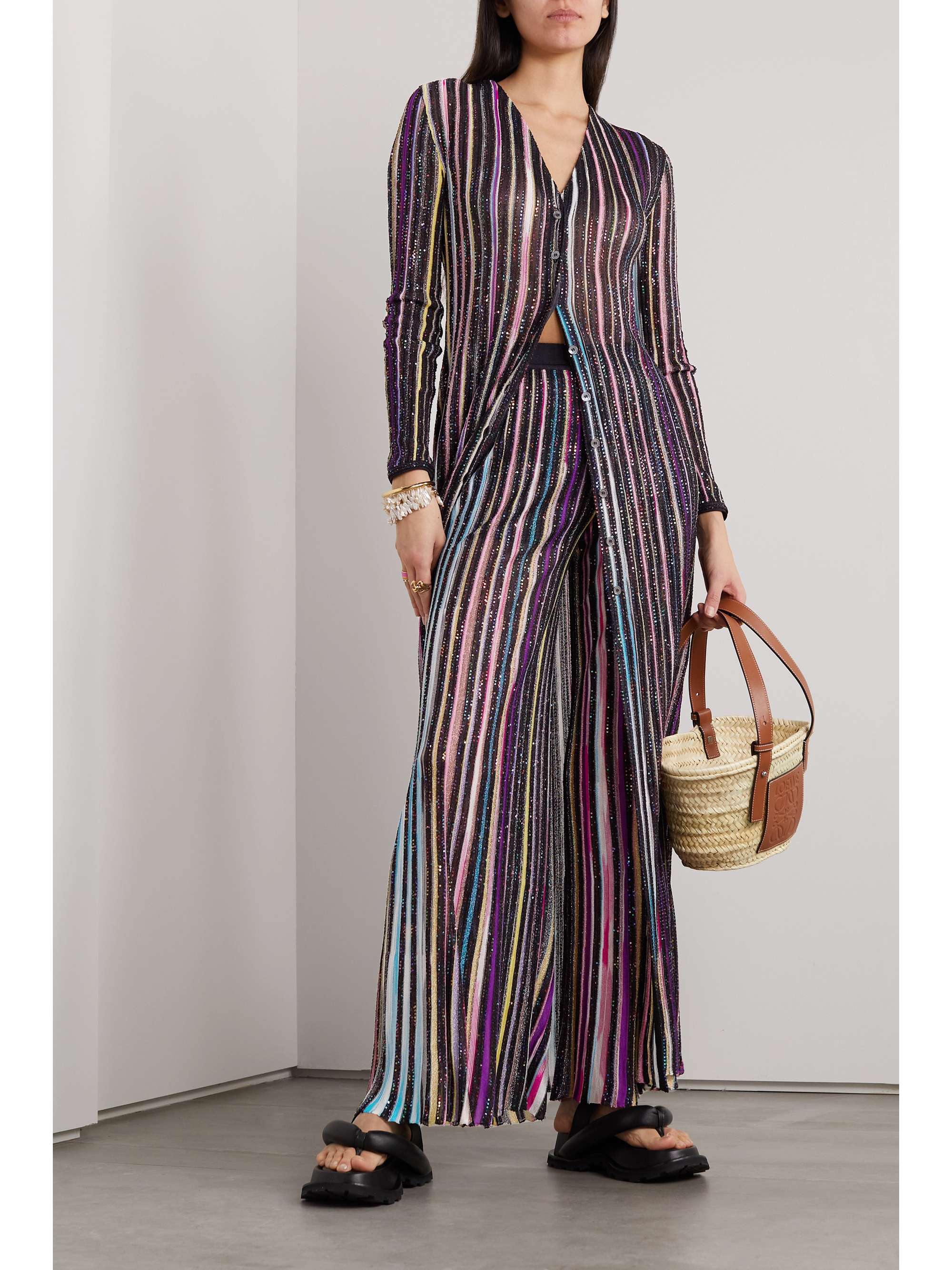 MISSONI Sequined striped crochet-knit wide-leg pants