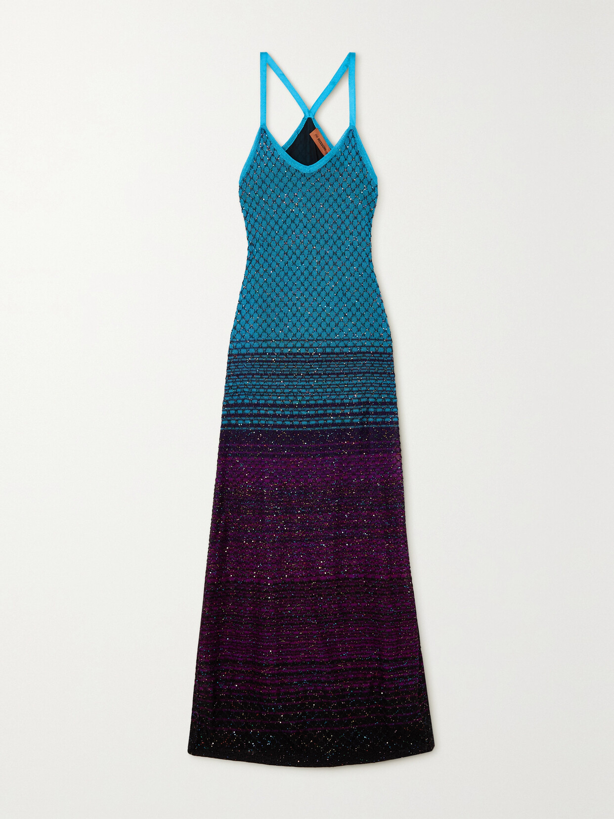 Missoni Sequin-embellished Two-tone Crochet-knit Maxi Dress In Royal Blue