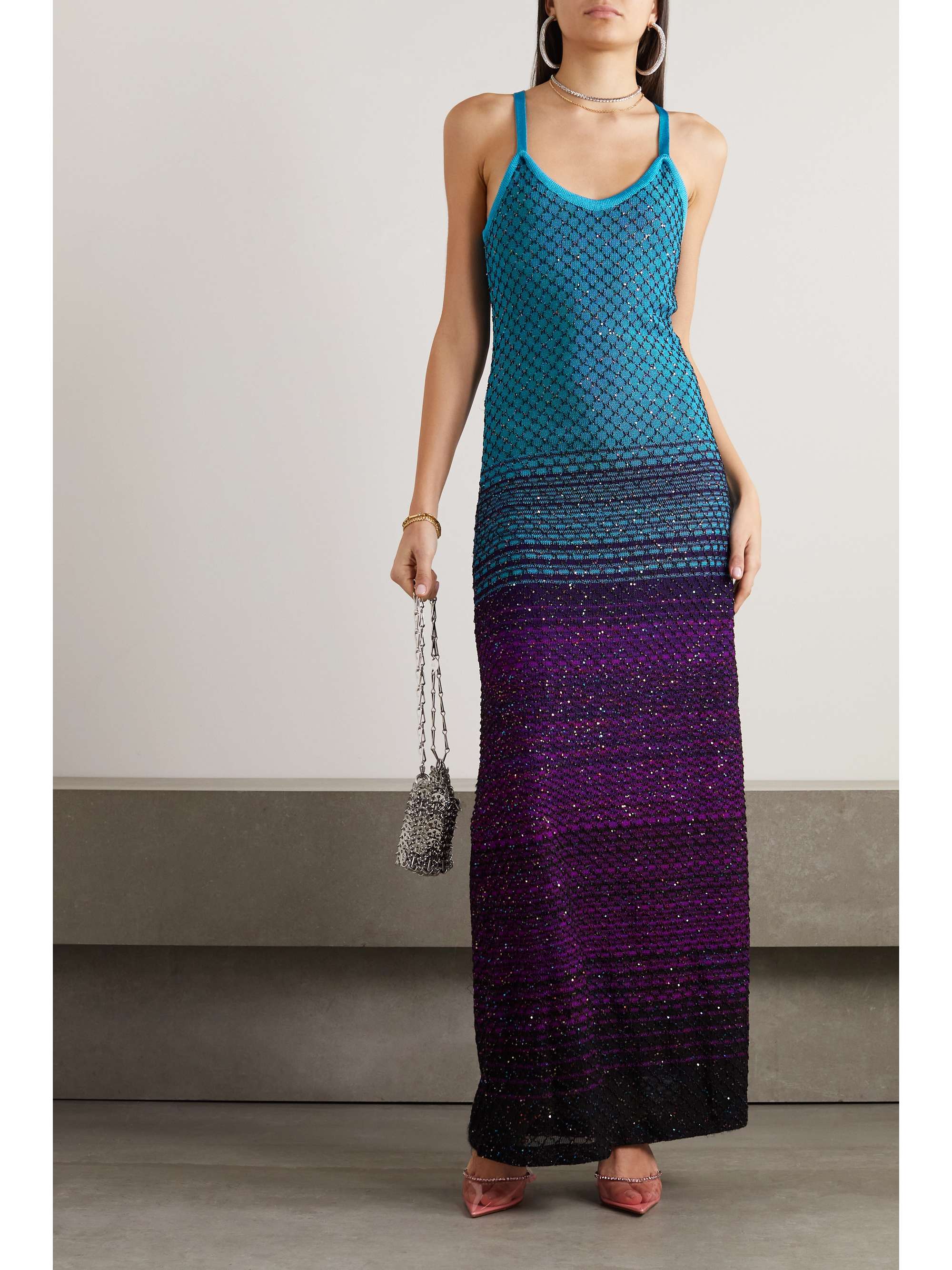 MISSONI Sequin-embellished two-tone crochet-knit maxi dress