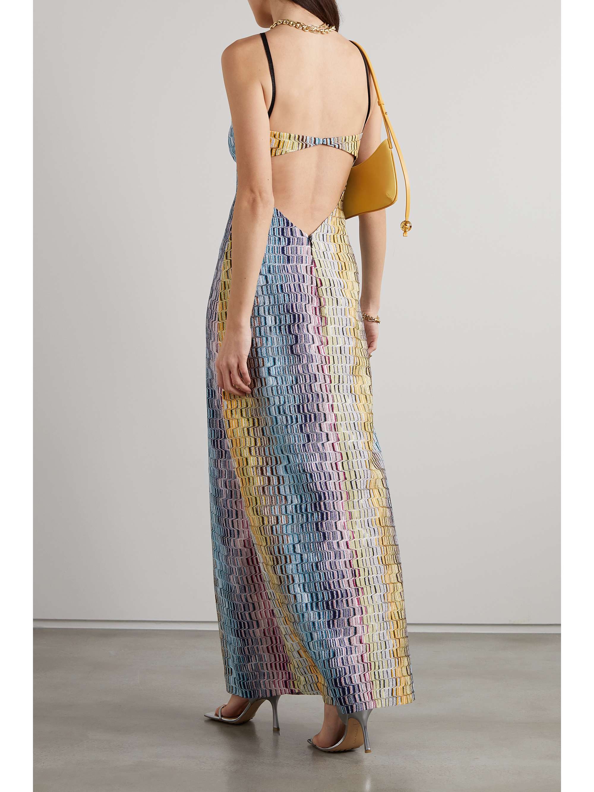 MISSONI Open-back metallic crochet-knit maxi dress