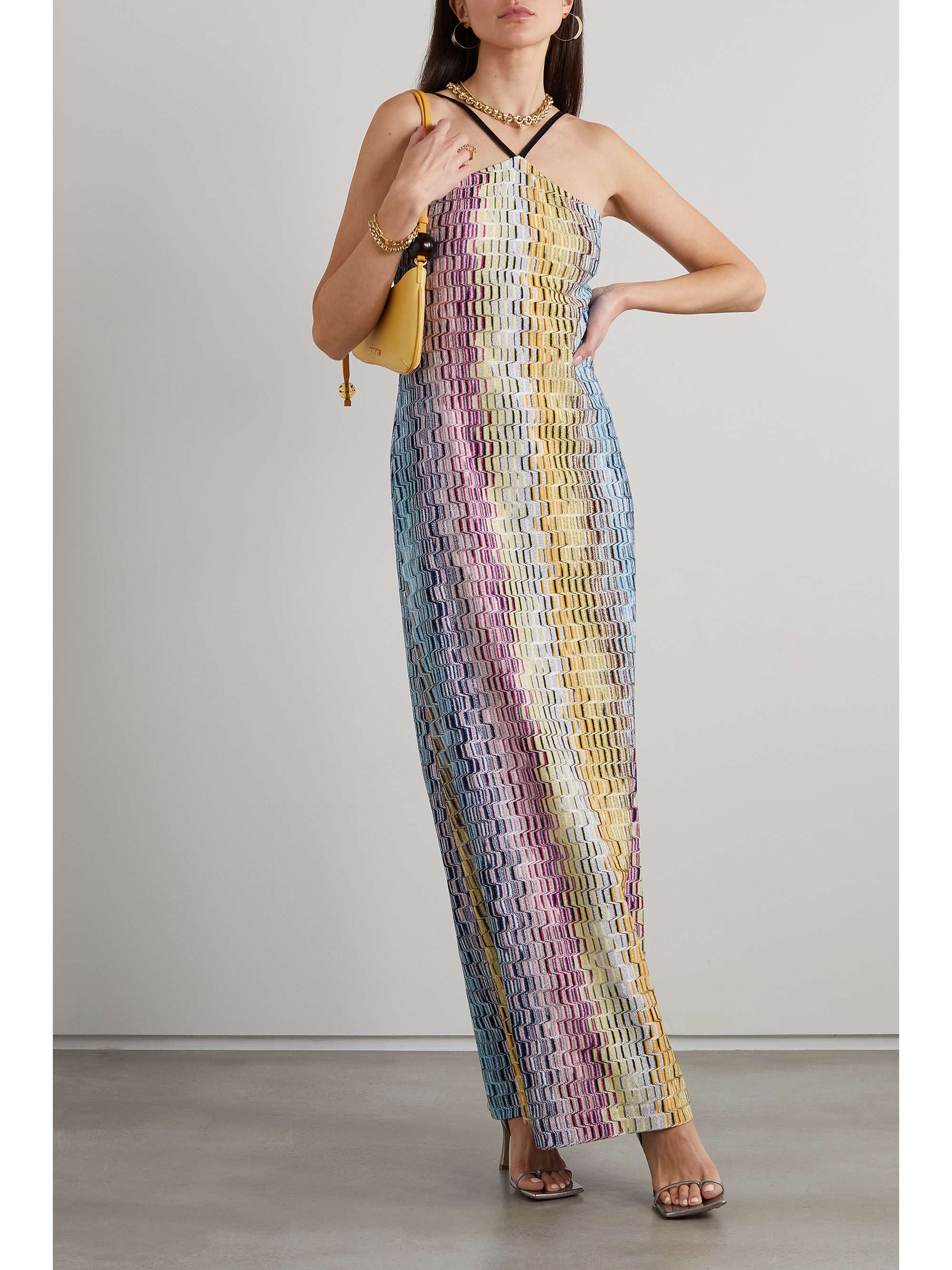 MISSONI Open-back metallic crochet-knit maxi dress