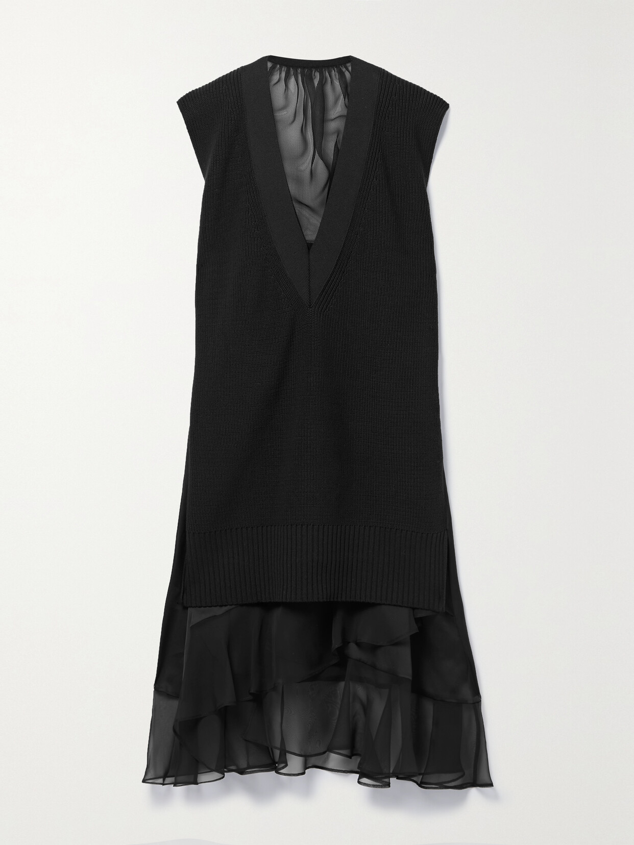 SACAI RIBBED COTTON-BLEND, CHIFFON, SATIN AND TULLE MIDI DRESS