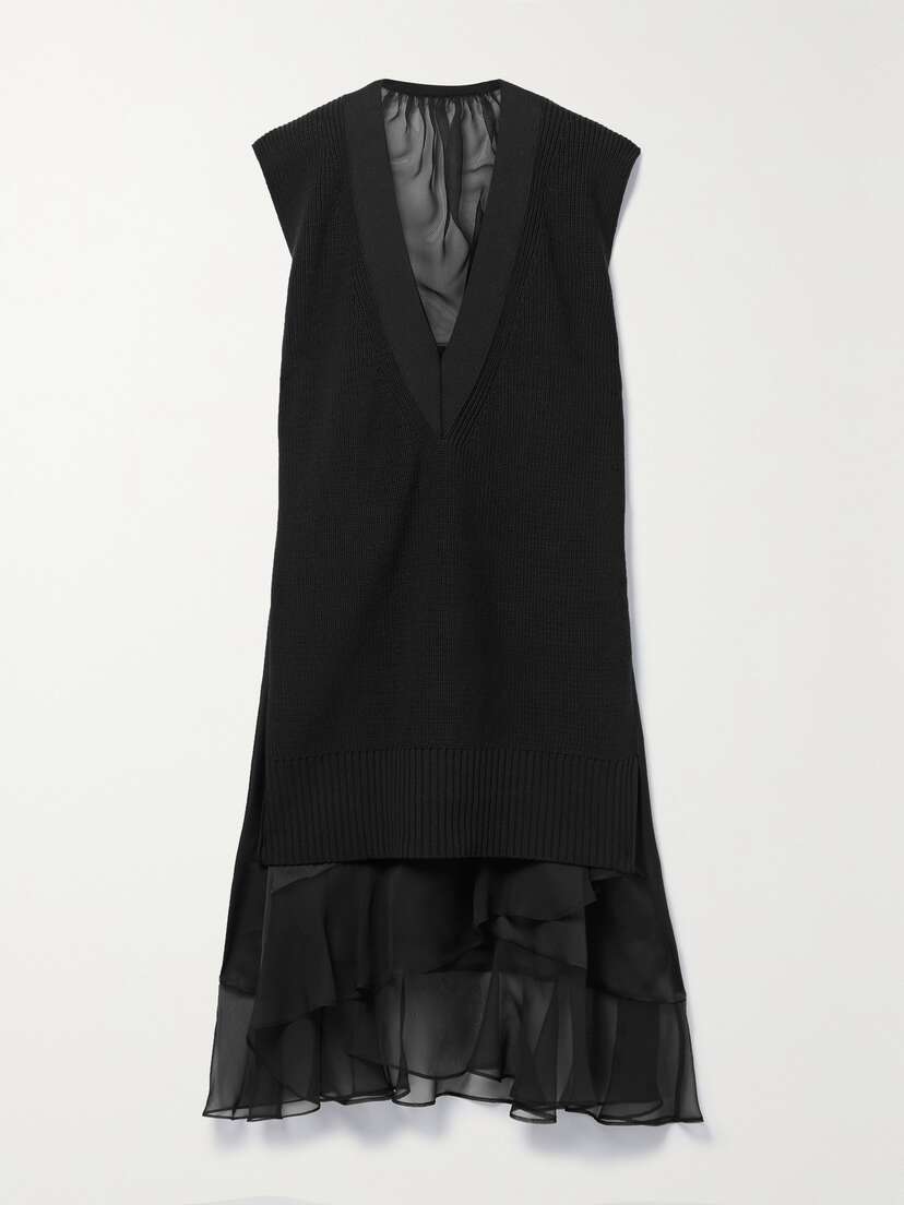 Sacai Ribbed Cotton-blend, Chiffon, Satin And Tulle Midi Dress