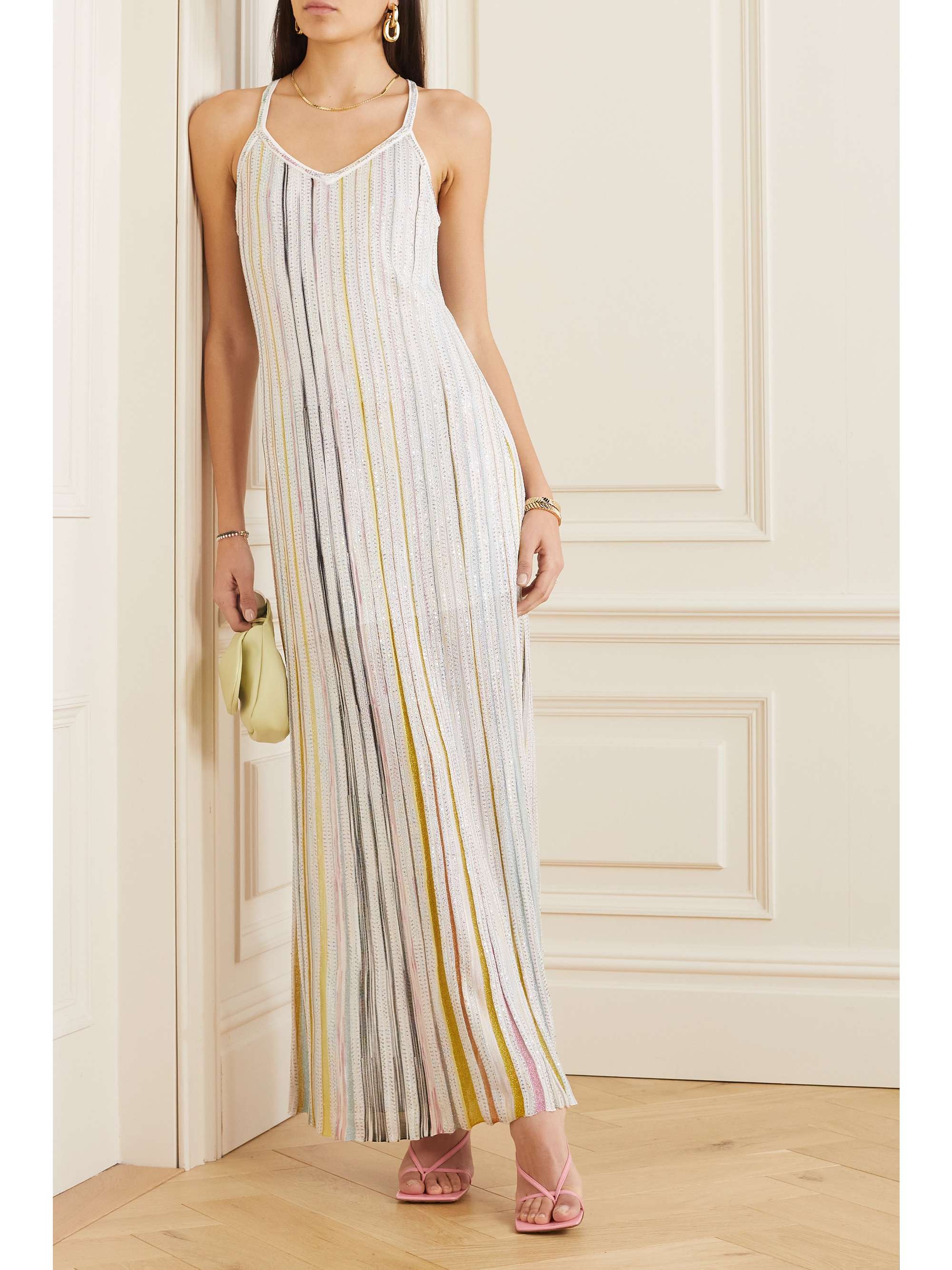 MISSONI Sequined striped crochet-knit maxi dress