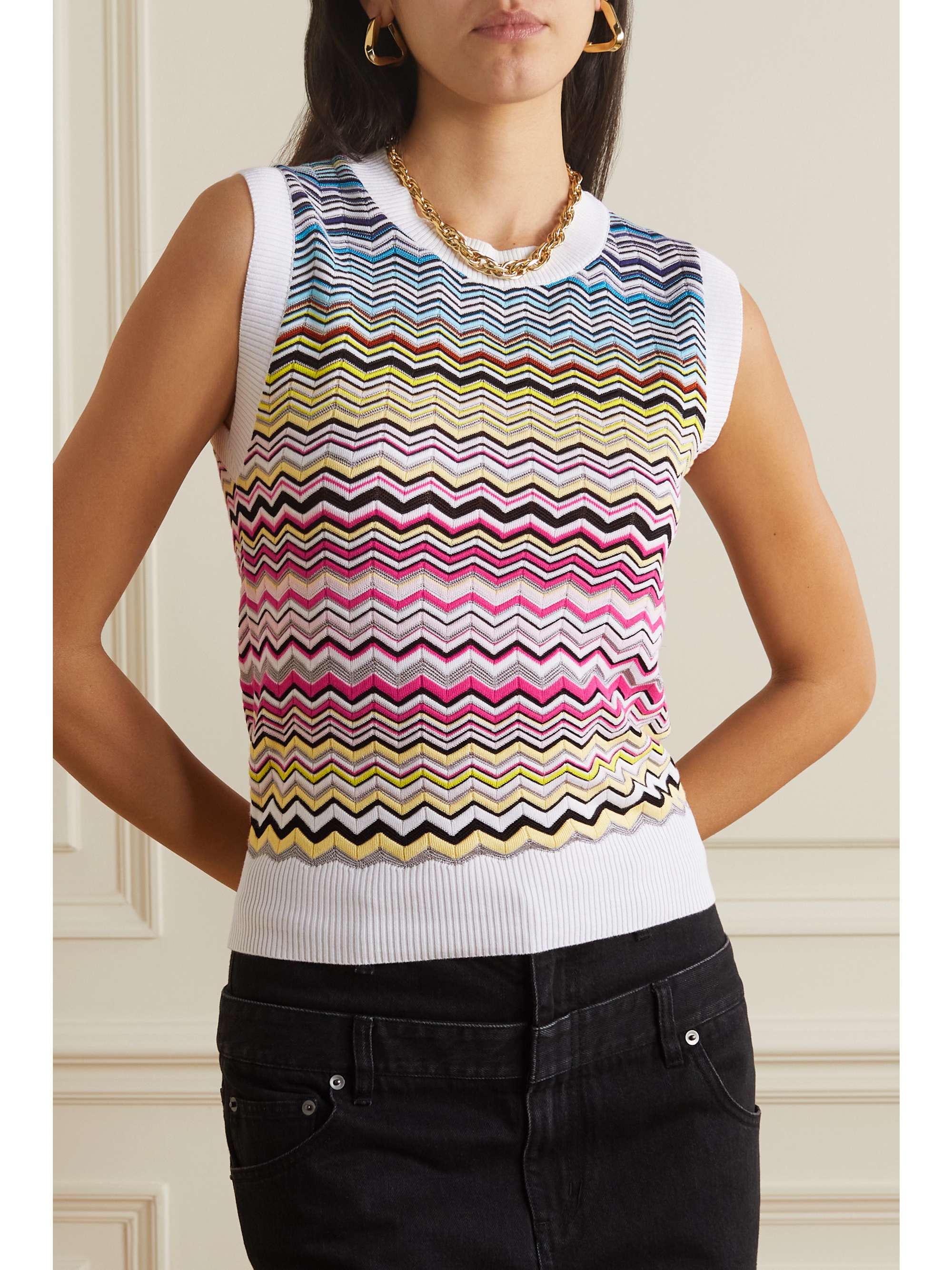 MISSONI Metallic striped crochet-knit cotton-blend vest