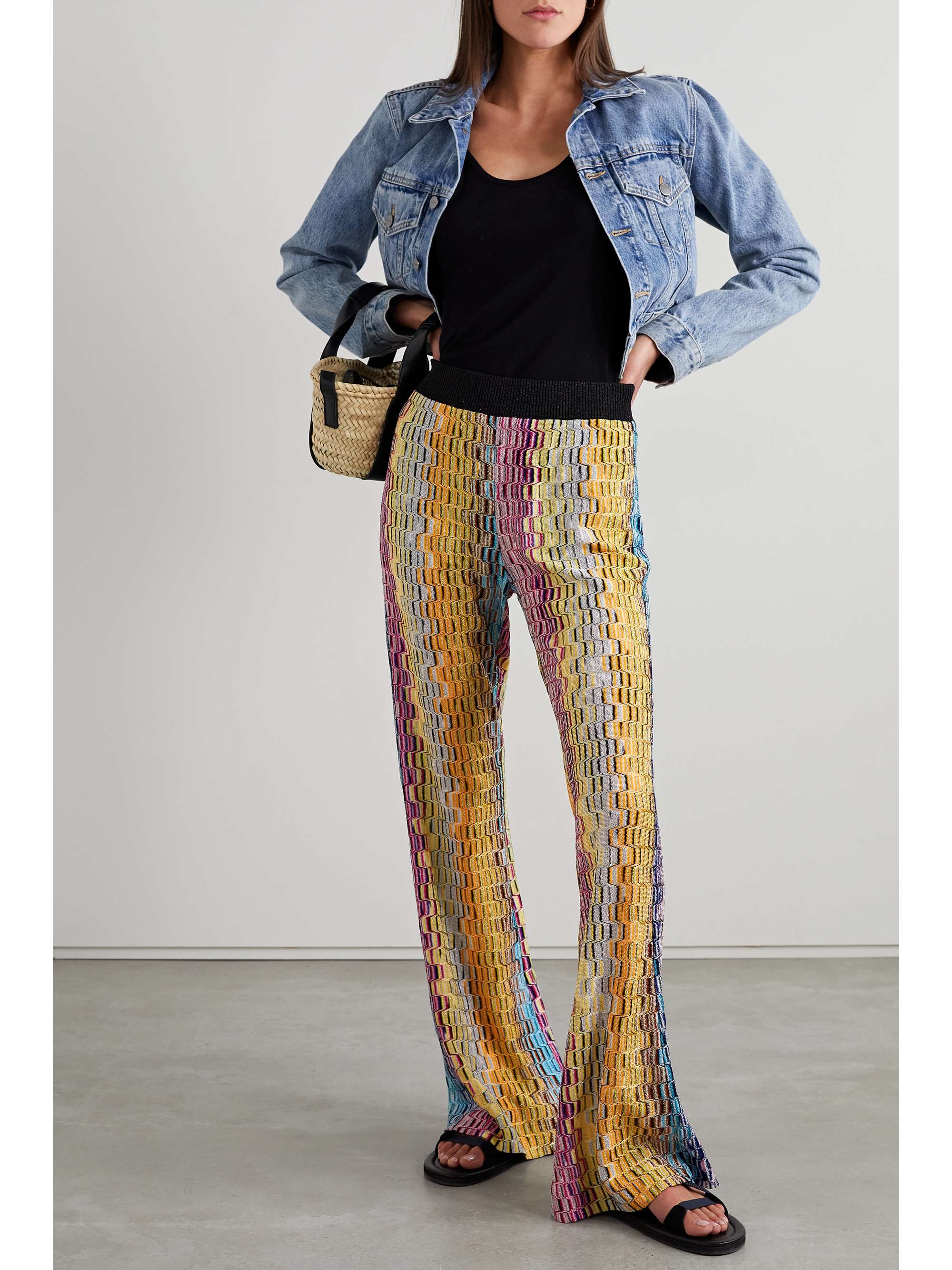 MISSONI Metallic striped crochet-knit flared pants