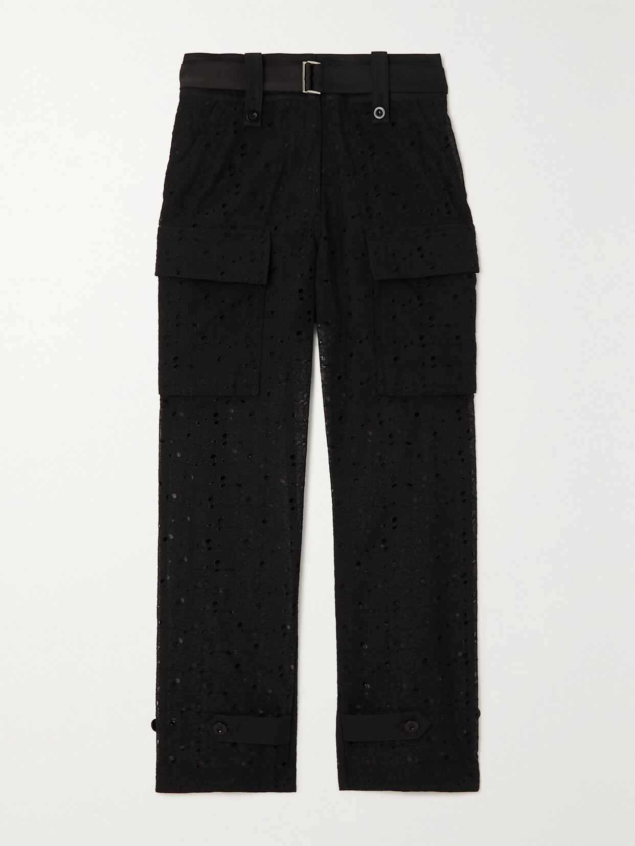 Sacai - Sacai Belted Cotton-blend Broderie Anglaise Straight-leg Pants - Black