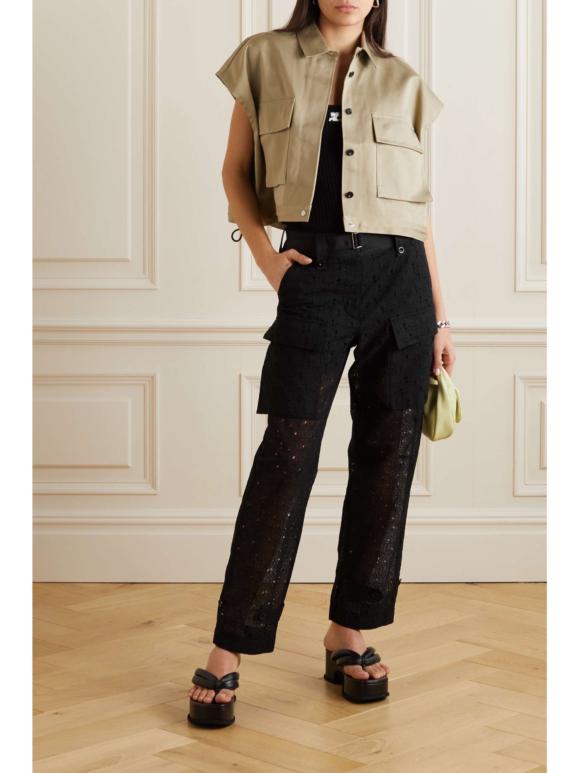 Black Sacai belted cotton-blend broderie anglaise straight-leg pants