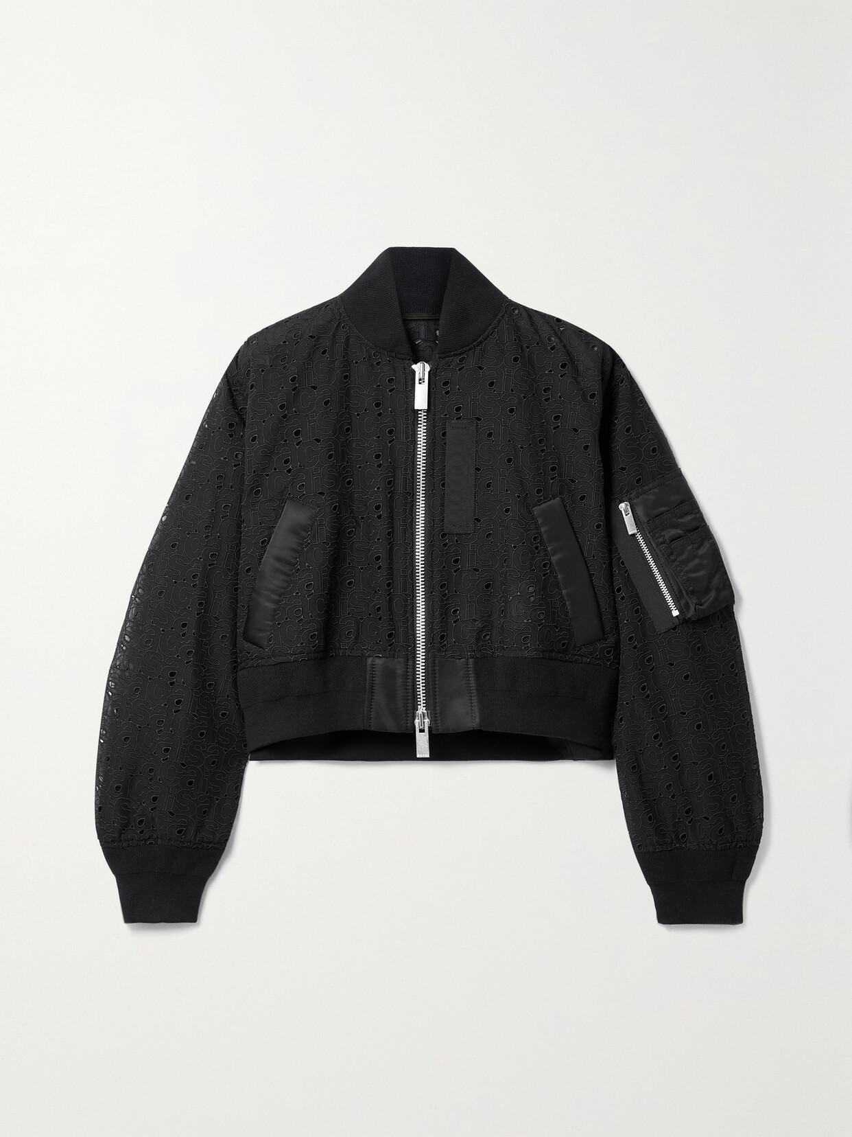 SACAI SATIN-TRIMMED COTTON-BLEND BRODERIE ANGLAISE BOMBER JACKET