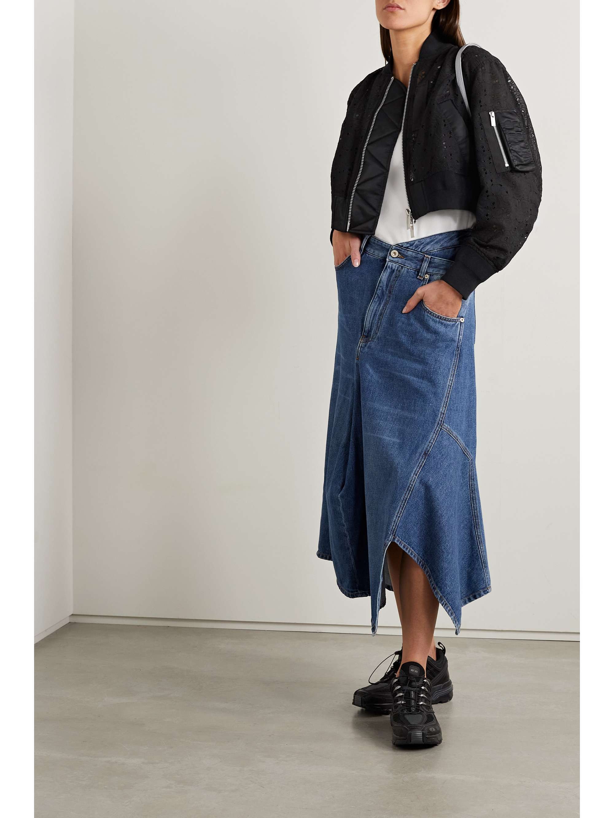 SACAI Satin-trimmed cotton-blend broderie anglaise bomber jacket