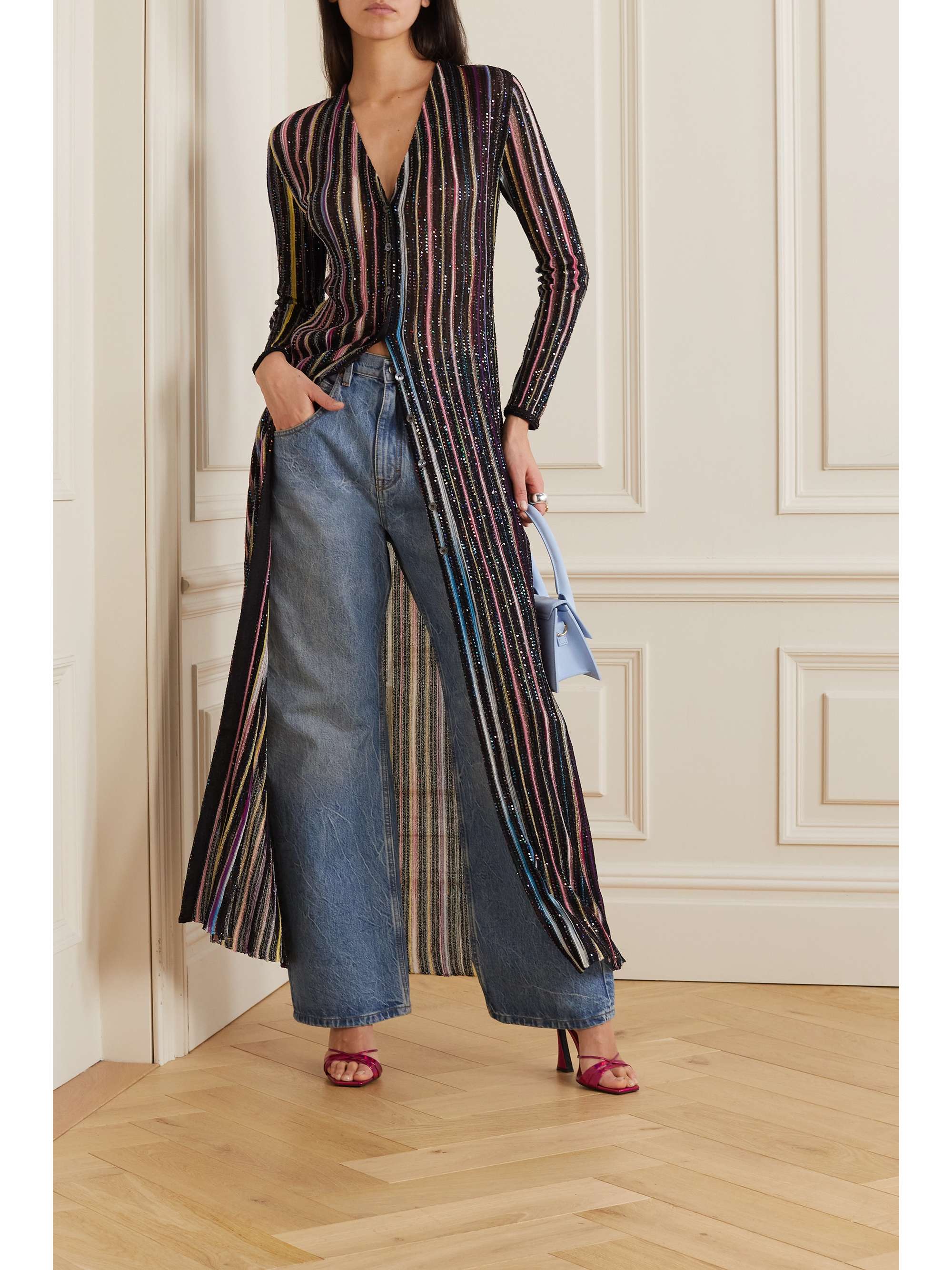 MISSONI Sequin-trimmed striped metallic ribbed-knit cardigan