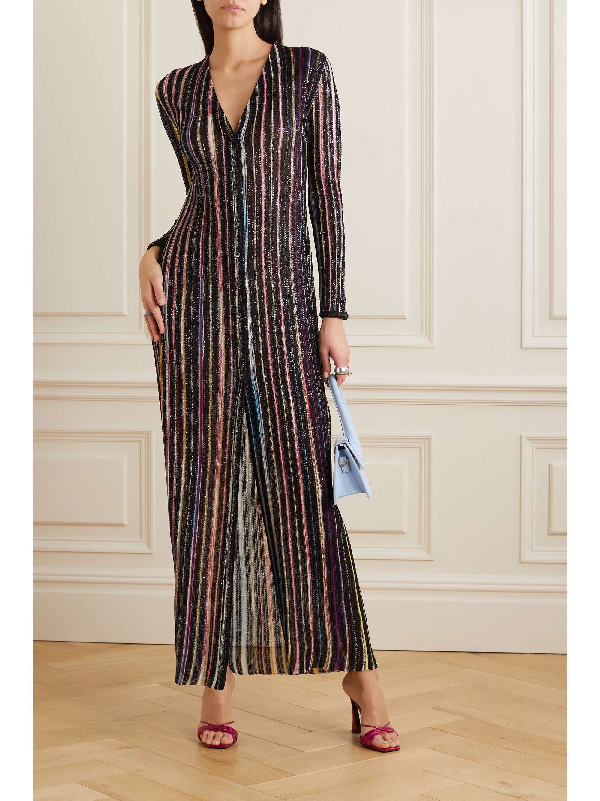 MISSONI Sequin-trimmed striped metallic ribbed-knit cardigan