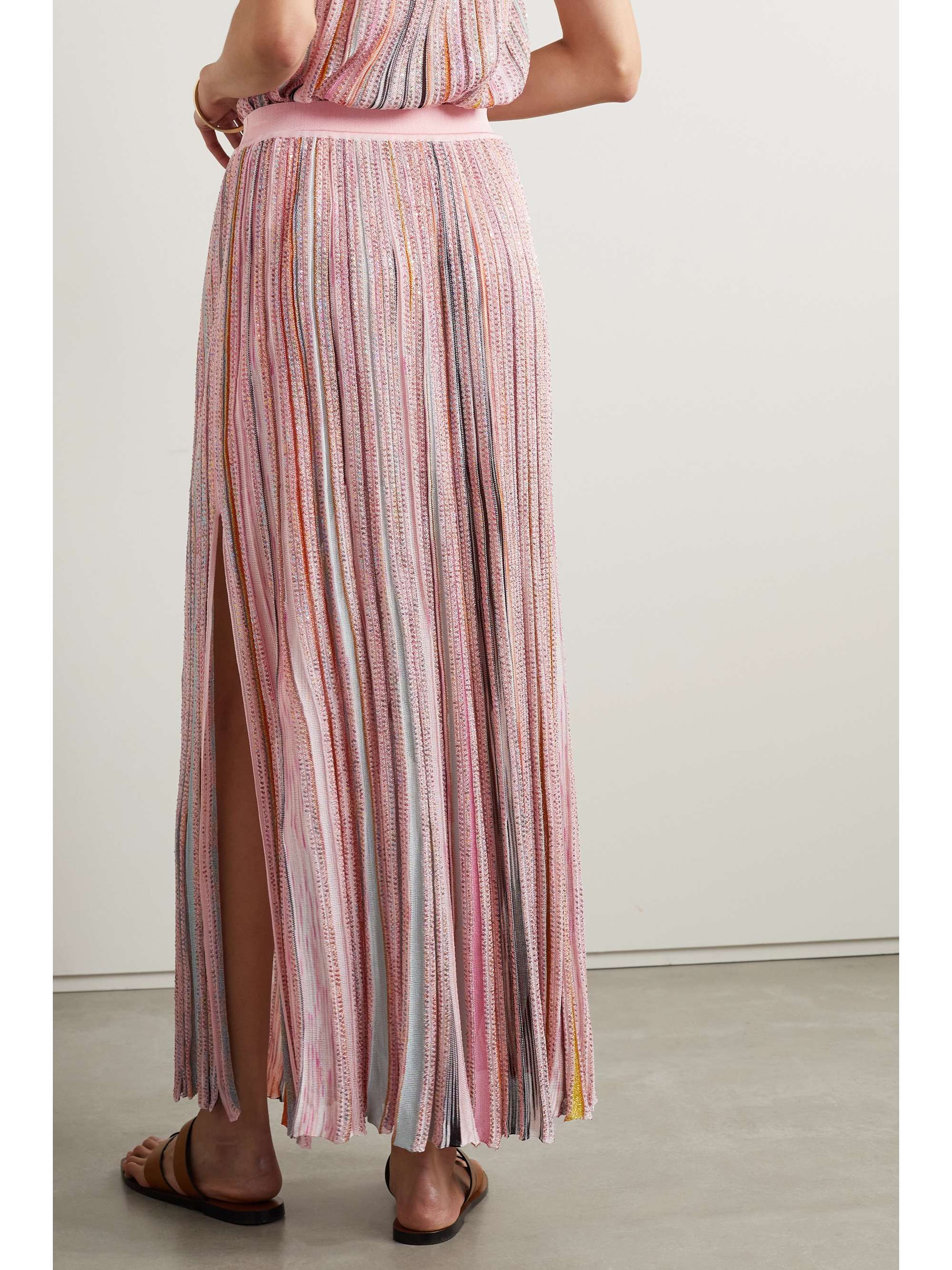 MISSONI Pleated sequined striped metallic crochet-knit maxi skirt