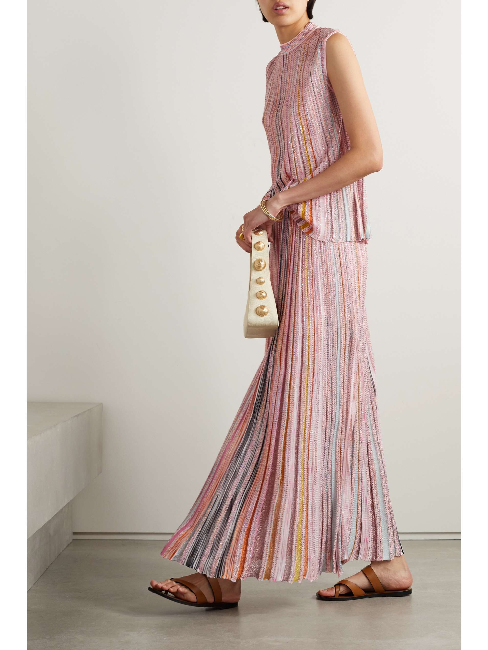 MISSONI Pleated sequined striped metallic crochet-knit maxi skirt