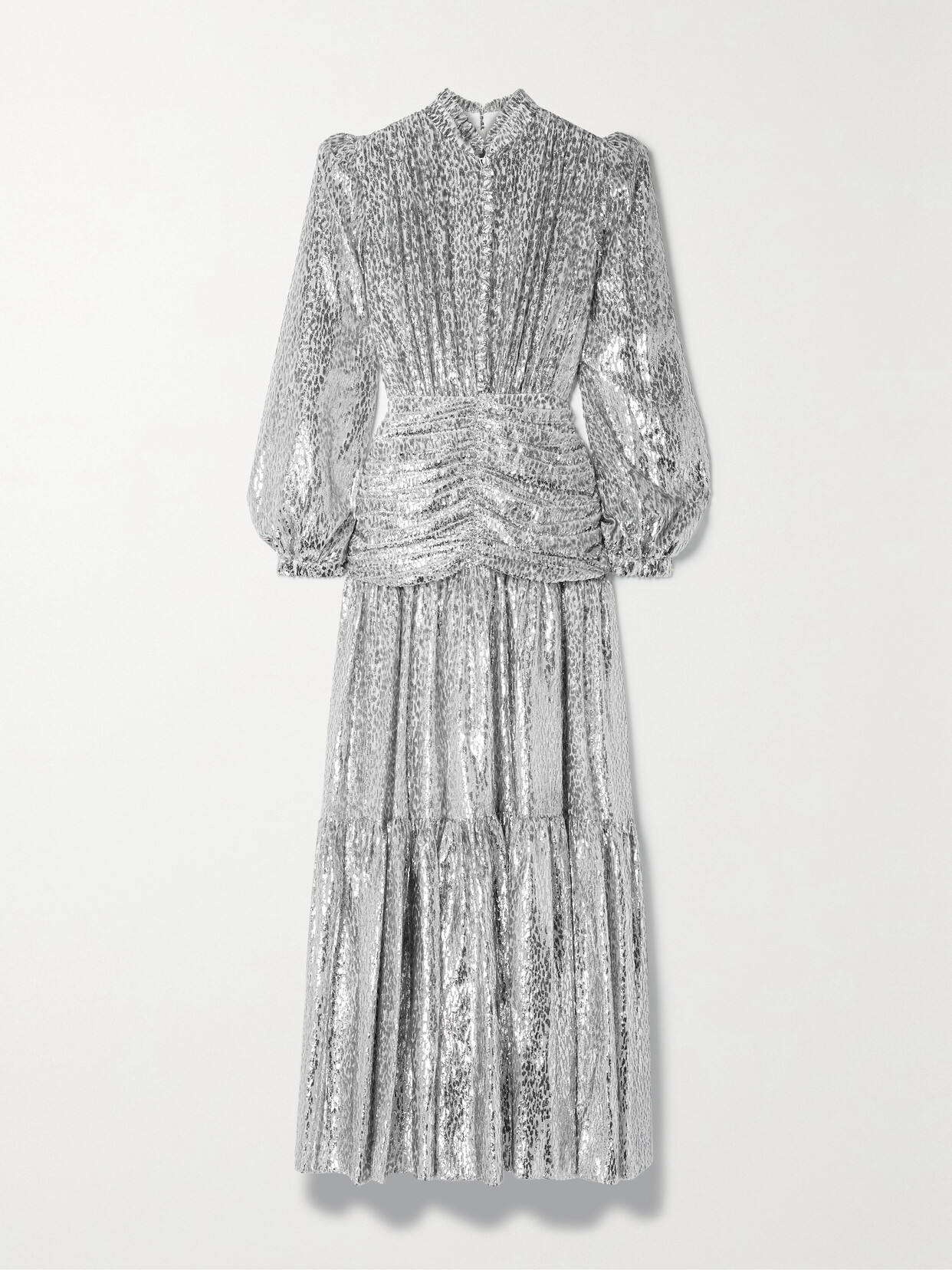 Costarellos Metallic Fil Coupé Chiffon Gown - Silver