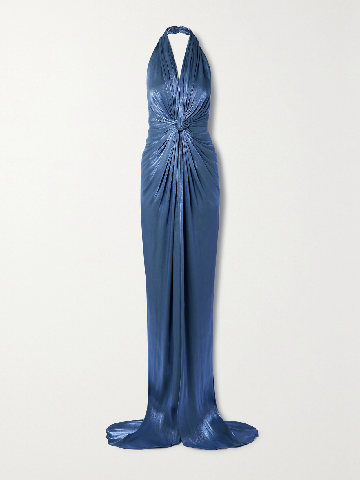 COSTARELLOS TWIST-FRONT GATHERED LAMÉ HALTERNECK GOWN