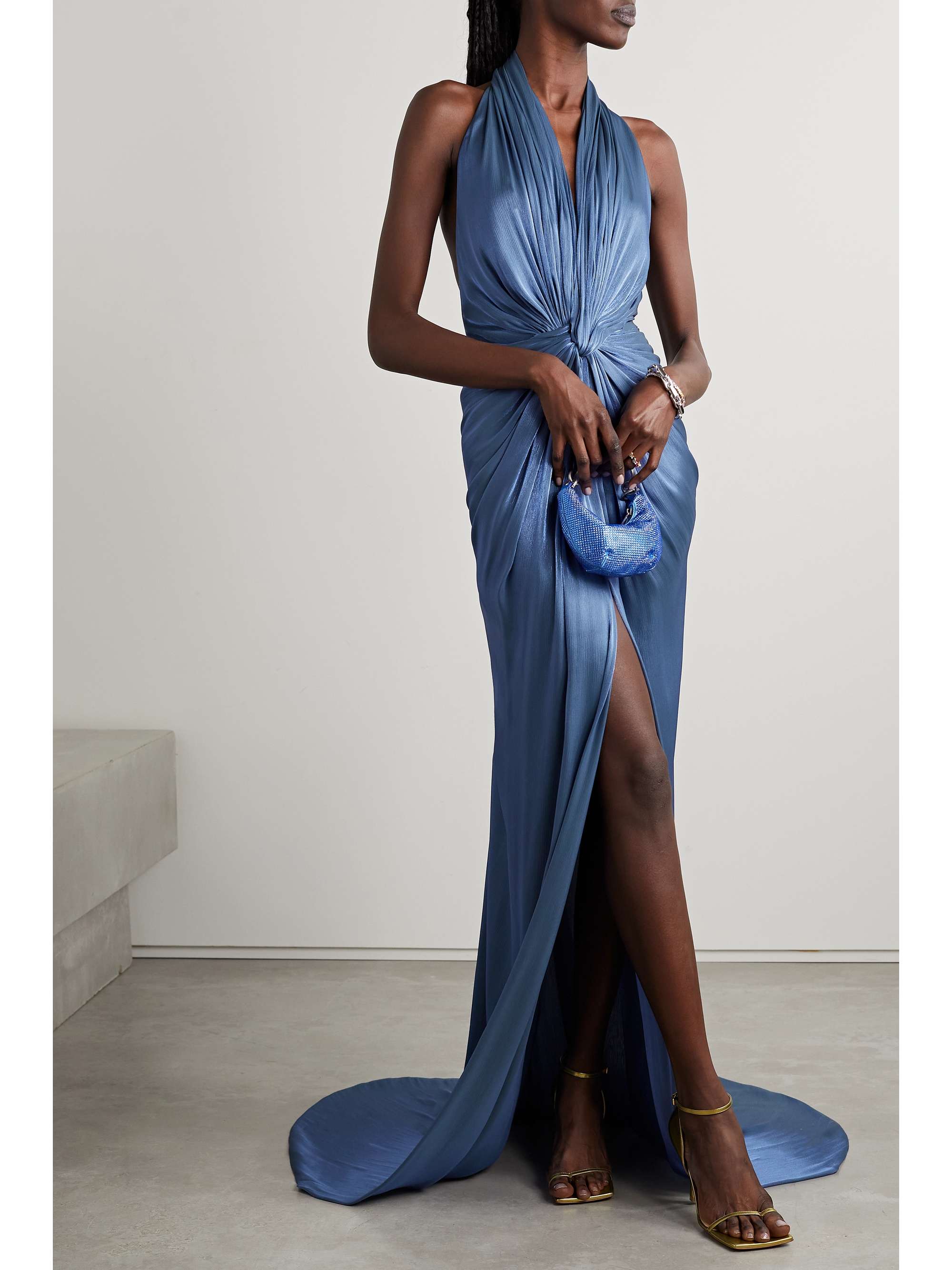 COSTARELLOS Twist front Gathered Lam Halterneck Gown NET A PORTER costarellos-twist-front-gathered-lam-halterneck-gown-net-a-porter