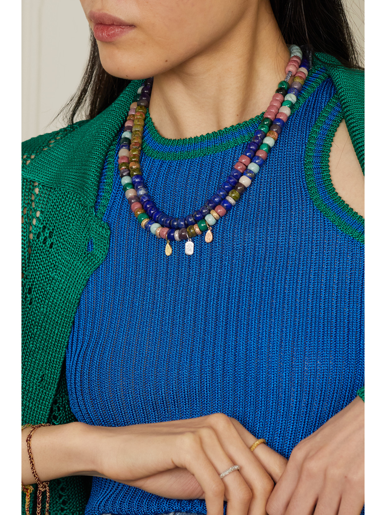 CAROLINA BUCCI CARTAGENA FORTE BEADS 18-KARAT YELLOW, ROSE AND WHITE GOLD AND LUREX MULTI-STONE NECKLACE